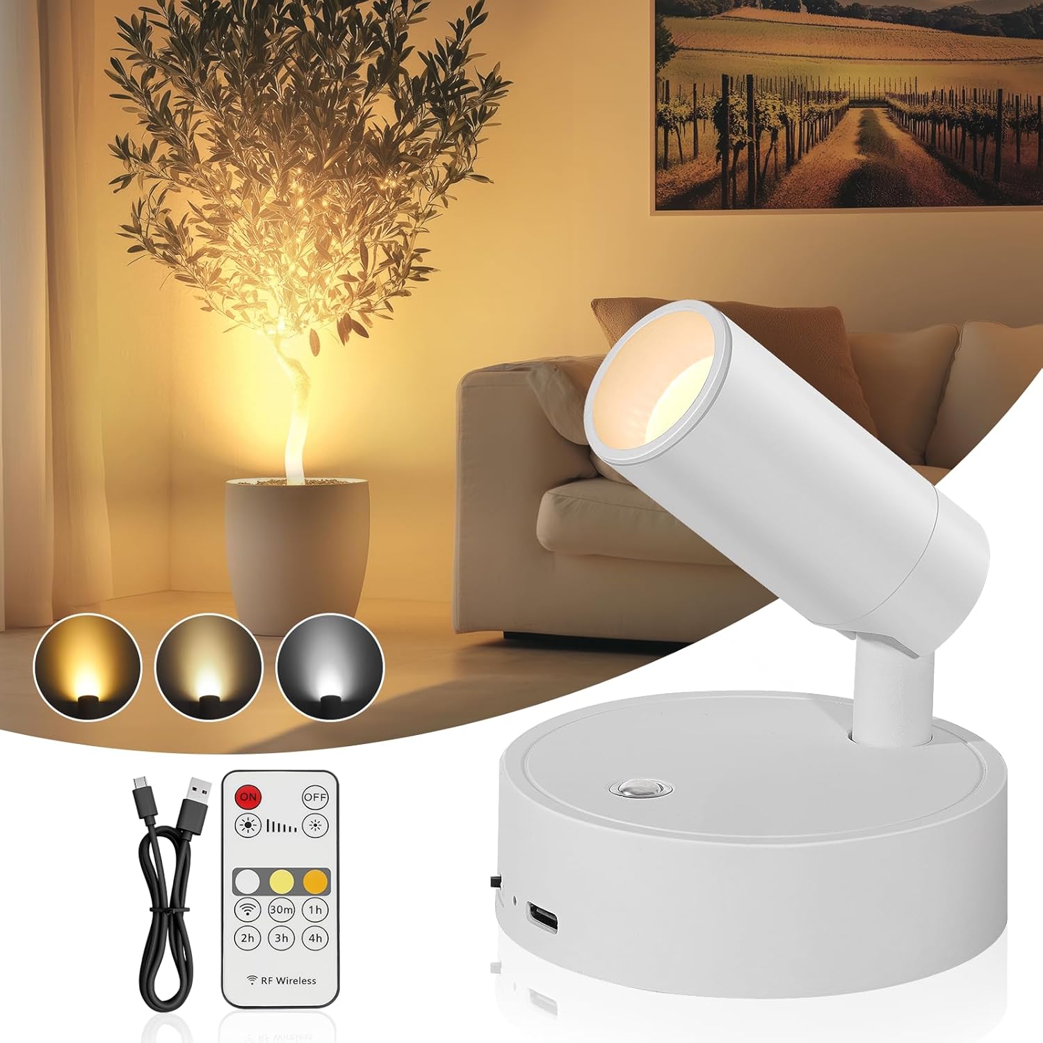 Led-spots, Wiederaufladbar, Sans Fil Innenbeleuchtung, Weiß – Usb-wandleuchte Mit Fernbedienung, 3 Dimmbare Farben – Led-spots, Sans Fil, Für Die Beleuchtung Von Tischen, Pflanzen Und Räumen