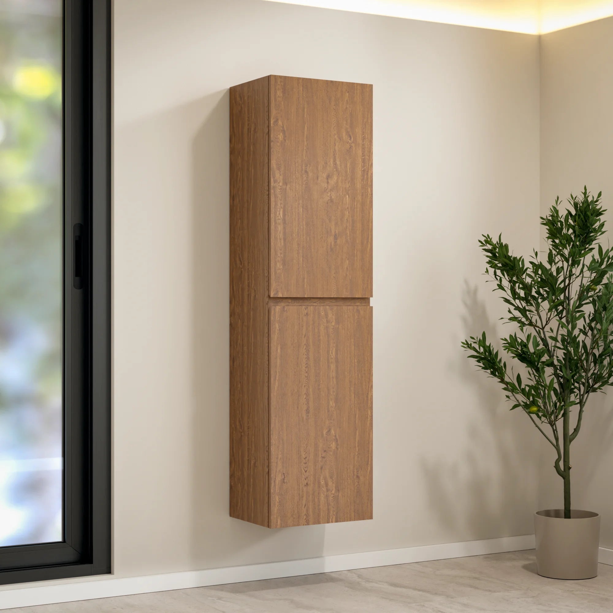 Ruvo Badezimmer-säulenschrank – Warme Eichenoptik – 150 Cm Hoher Schrank Mit Soft-close-türen – Feuchtigkeitsbeständige Oberfläche Und Platzsparendes Design