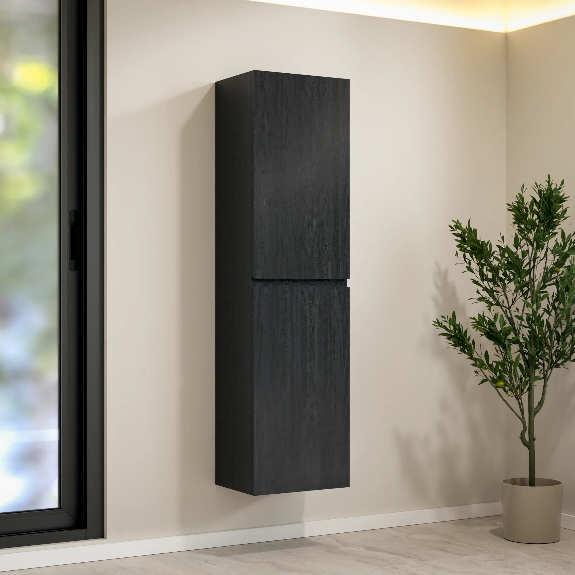 Ruvo Badezimmerschrank – Schwarze Eiche – 150 Cm Hohes Aufbewahrungsmöbel Mit Soft-close-türen – Feuchtigkeitsbeständige Oberfläche Und Platzsparendes Design
