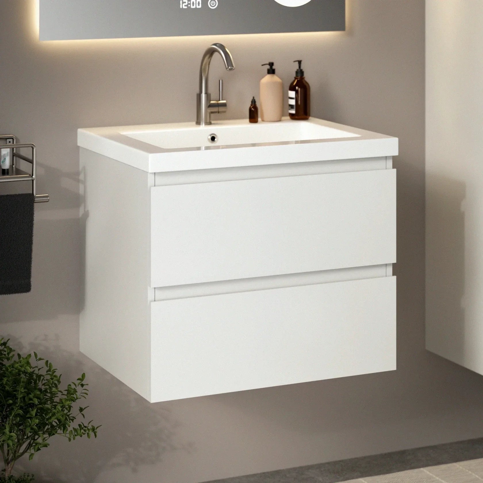 Karo Badezimmermöbel Weiß Mit Keramikwaschbecken 60 Cm – Wandhängender Waschtischunterschrank – Schubladen Mit Soft-close-funktion – Feuchtigkeitsbeständig – Pflegeleichte Oberfläche – Großzügiger Sta