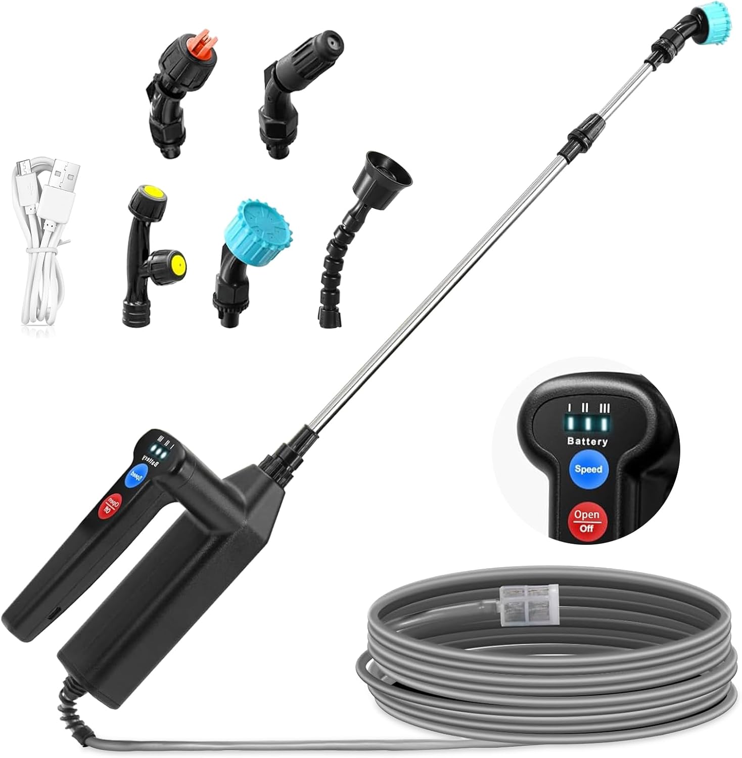 Pulvérisateur À Pression Sans Fil, 7,4 V, Puissant Pulvérisateur Électrique, Pulvérisateur Pour Plantes Avec 5 Buses, Poignée Télescopique Rechargeable À 3 Vitesses, Tuyau De 8 M Pour Le Jardin