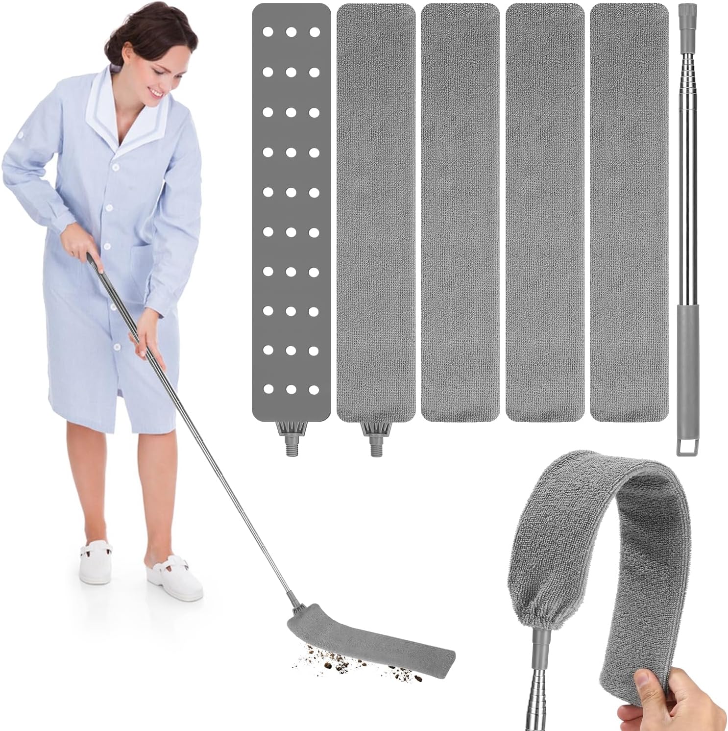 Plumeau Extensible, Nettoyeur De Joints Rétractable, Plumeau Plat Avec Manche Télescopique En Acier Inoxydable Et 4 Chiffons Lavables Pour Nettoyer Sous Les Canapés, Les Armoires Et Les Lits