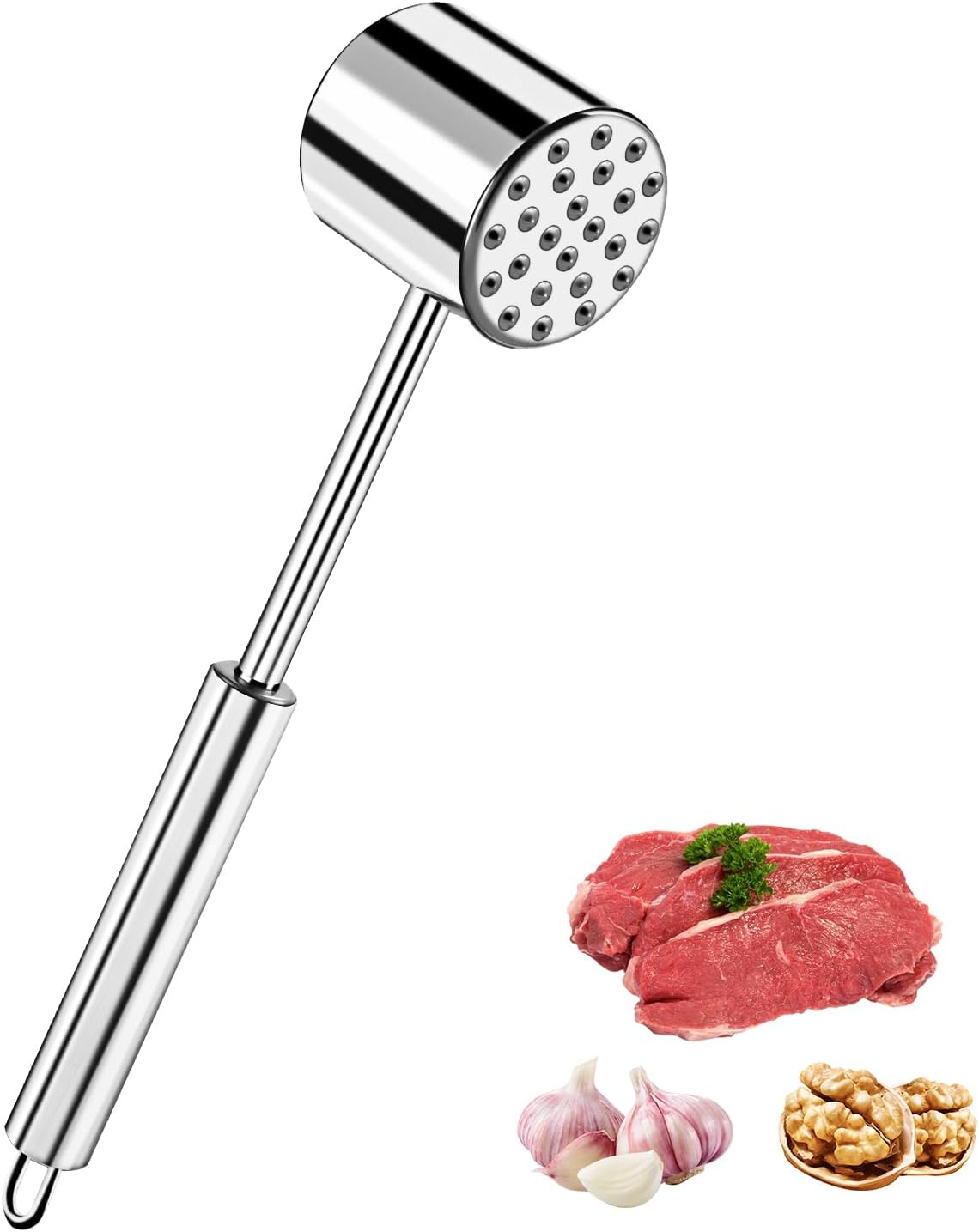 Attendrisseur De Viande, 27 Cm De Long, Double Face, En Acier Inoxydable, Couleur Argentée, Avec Surface De Frappe Plate Et Dentelée Pour Hacher Les Côtelettes, Les Steaks, Le Bœuf Et Le Poulet.