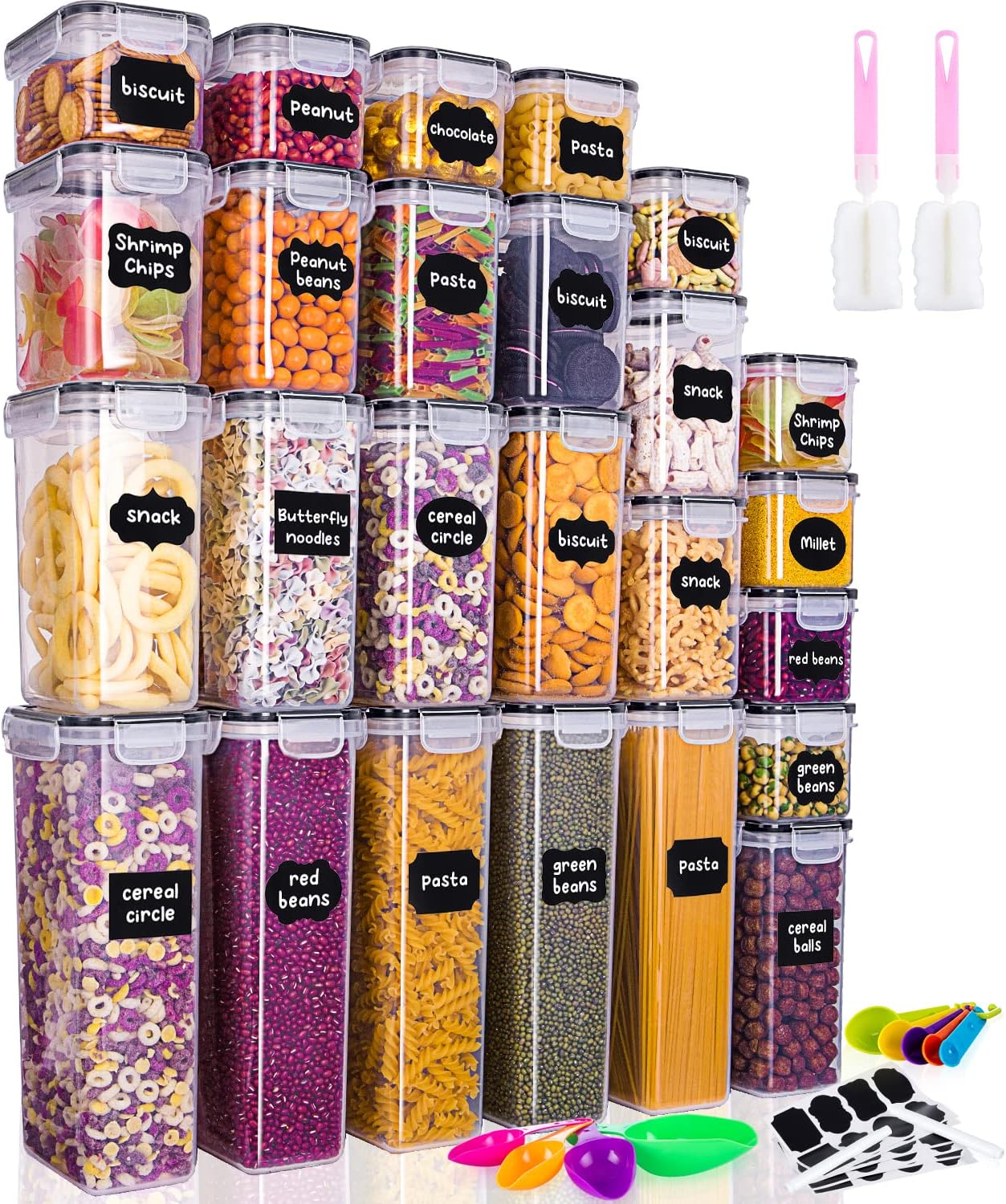 Ensemble De 25 Bocaux De Conservation (9 X 0,8 L + 6 X 1,4 L + 5 X 2 L + 5 X 2,8 L) - Boîte De Rangement Hermétique Avec Couvercle, Organisateur De Cuisine, Récipient Alimentaire En Plastique Pour Spa