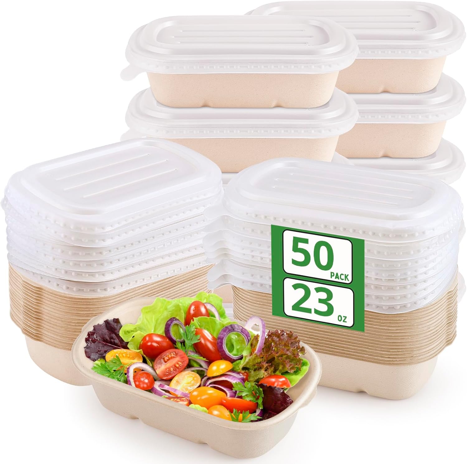 Lot De 50 Bols En Papier Kraft Avec Couvercles, 700 Ml, Présentés Dans Une Boîte En Papier Kraft Brun, Idéaux Pour Emporter Votre Salade. Ces Bols Réutilisables Sont Parfaits Pour Les Repas Sur Le Pou