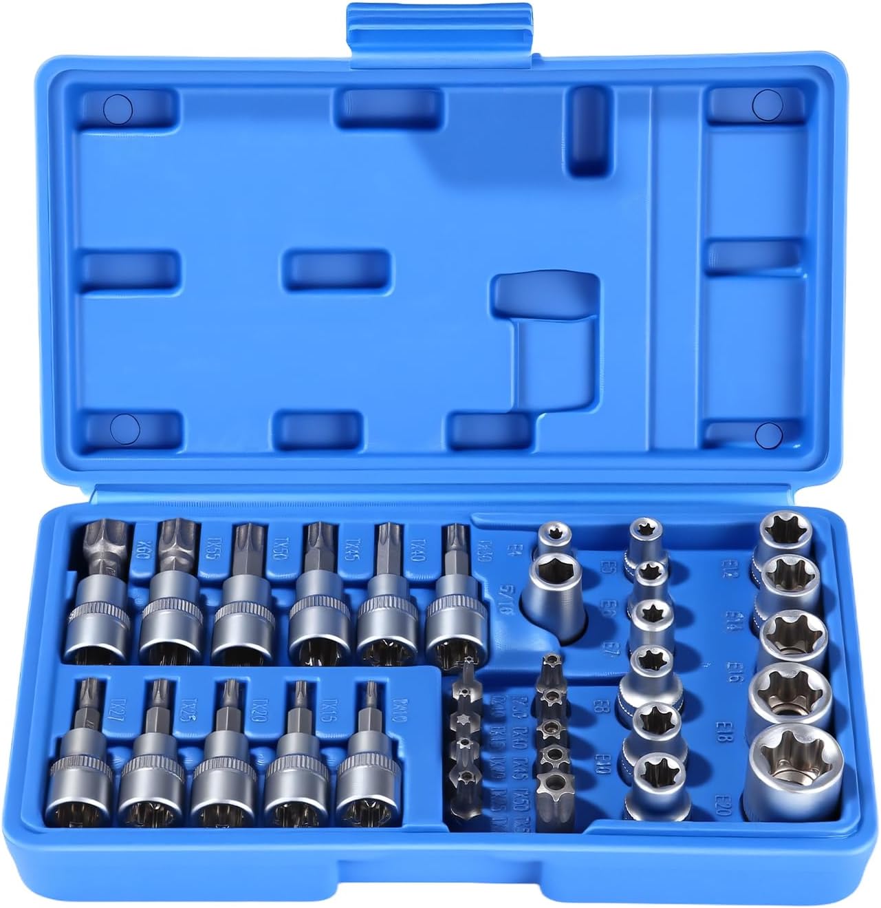 Jeu De 34 Douilles Torx (torx Interne Et Externe) Avec Embouts S2, Jeu De Douilles Torx Hexagonales (3/8 Pouce, 10 Mm, T10–t60 5/16 Pouce, 8 Mm, T10–t55), Jeu Torx (3/8 Pouce, 10 Mm, E4–e20)