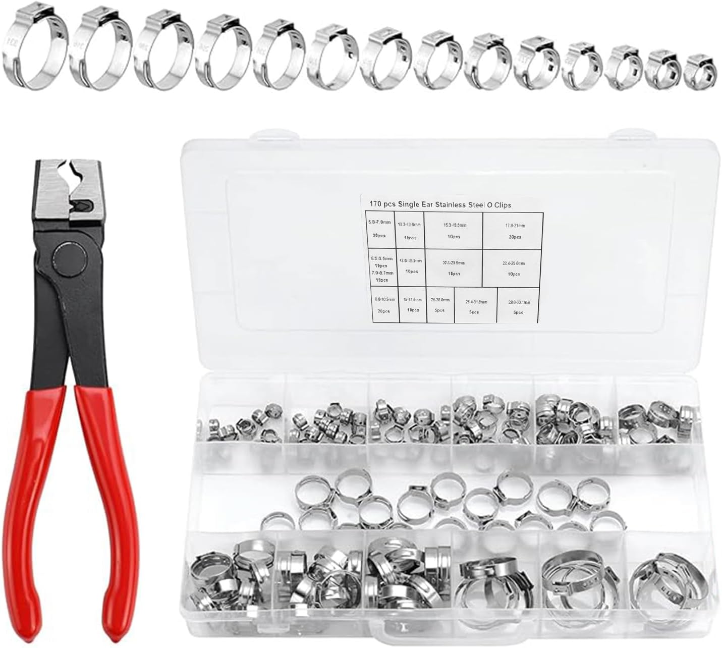 Jeu De 170 Colliers De Serrage (14 Tailles, 5,3 À 33,1 Mm) Comprenant Une Pince À Colliers, Robustes, En Acier Inoxydable, Pour Les Conduites Domestiques De Gaz, D'Eau Et De Carburant.