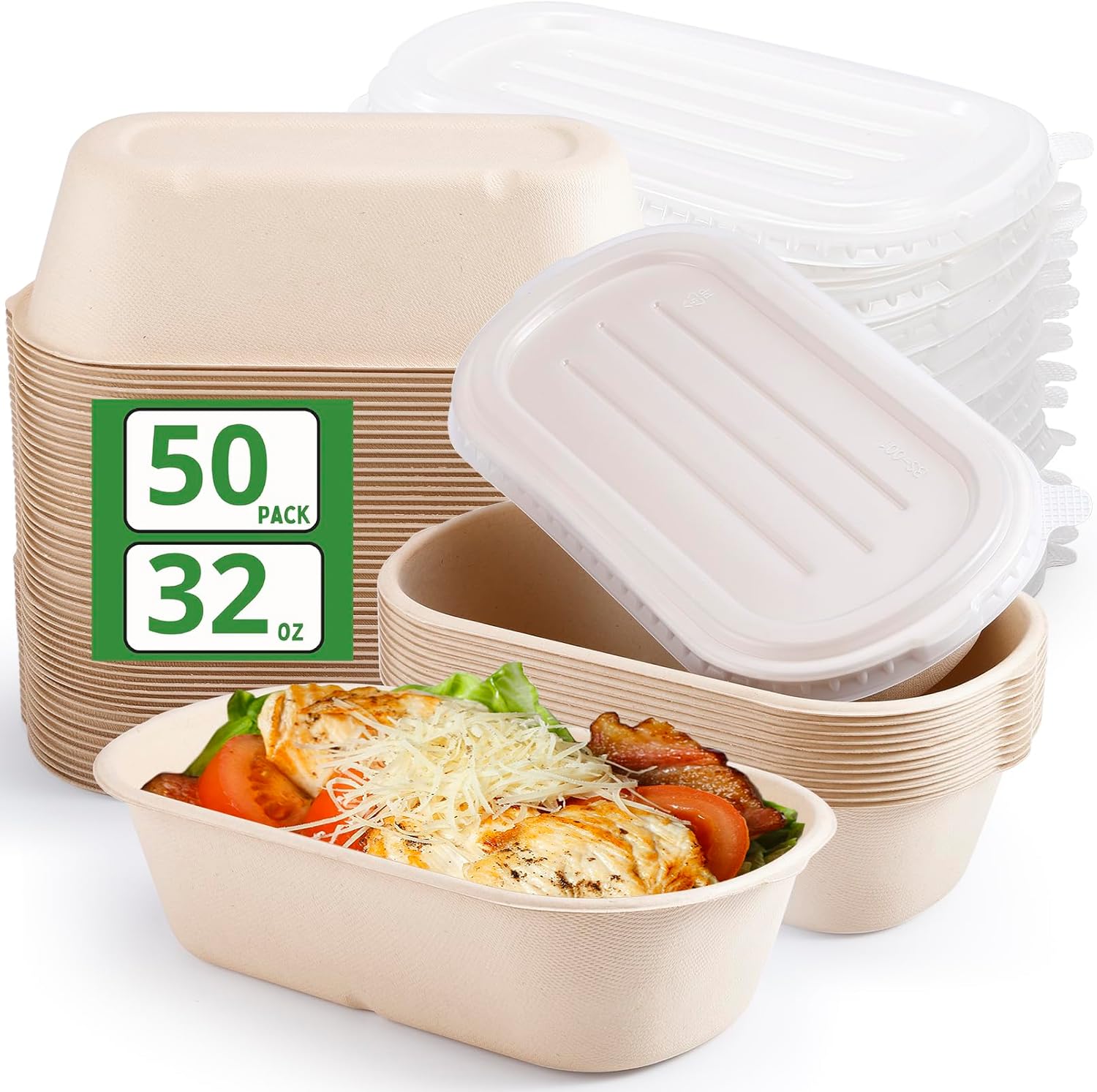 Lot De 50 Bols En Papier Kraft Avec Couvercles, 1000 Ml/32 Oz, Bols À Salade Réutilisables Pour Les Déplacements, Idéaux Pour Le Déjeuner Au Bureau Ou En Voyage.