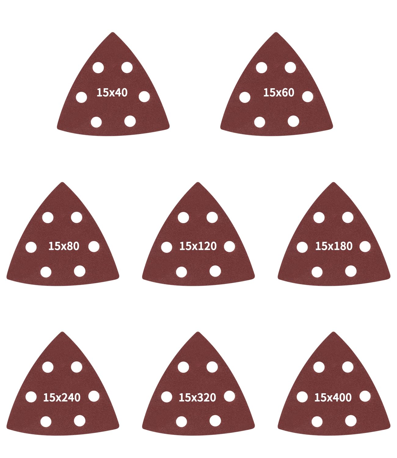 Papier De Verre Delta Pour Ponceuses Triangulaires, Paquet De 120, Papier De Verre À 6 Trous, 93 X 93 X 93 Mm, Mélangé, 15 Feuilles De Chaque Grain 40, 60, 80, 120, 180, 240, 320 Et 400, Pour Le Ponça