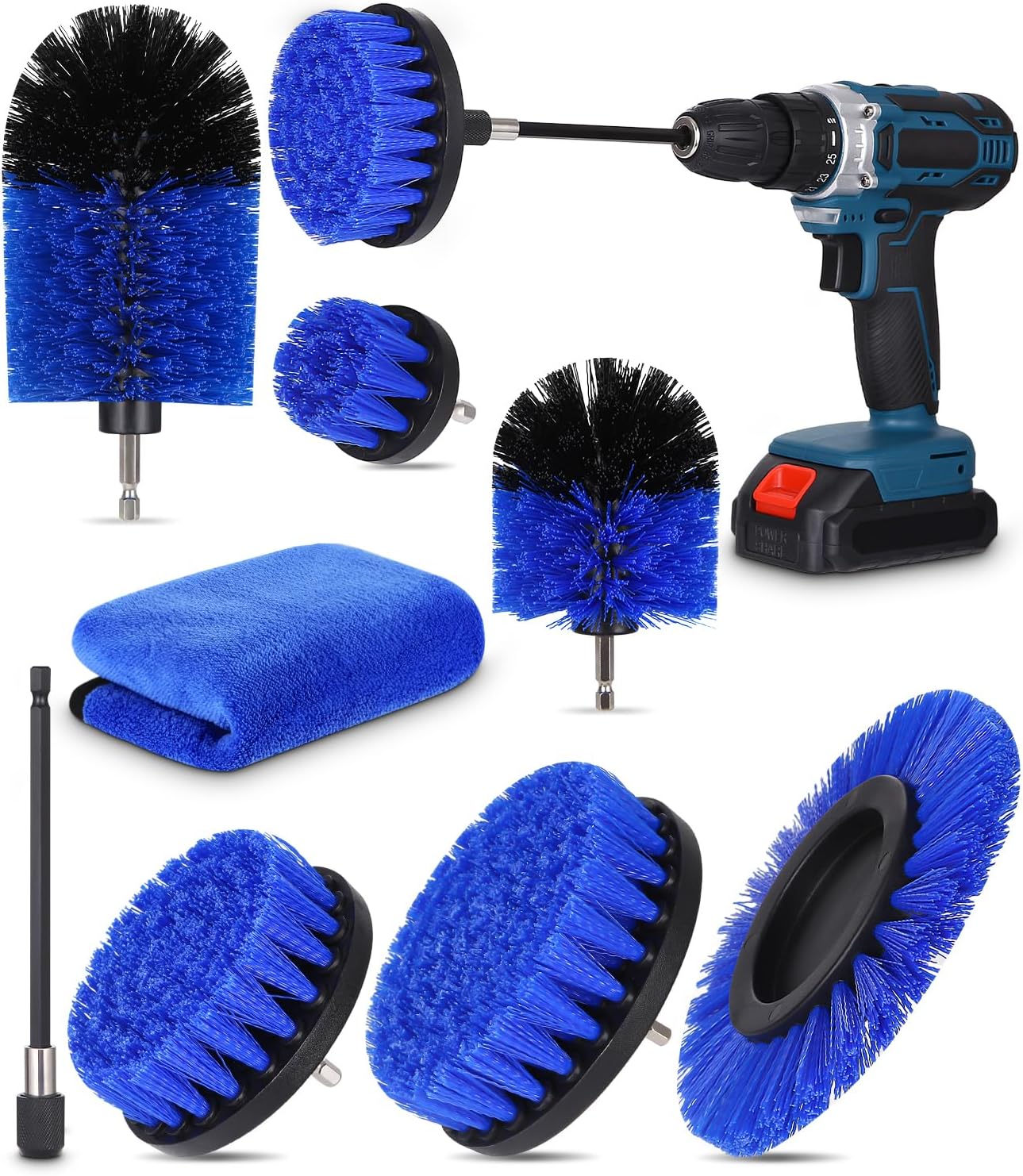Kit De Brosses De Nettoyage Pour Perceuses, 8 Pièces, Brosses De Nettoyage Pour Visseuses Sans Fil, Brosses Puissantes Pour Jantes, Voiture, Carrelage, Cuisine, Salle De Bain, Bleu