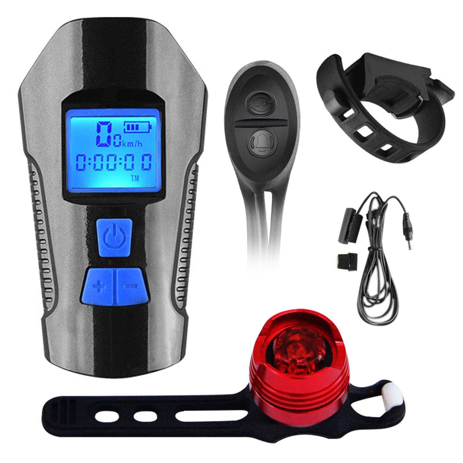 Usb-wiederaufladbares Multifunktionales Led-fahrradbeleuchtungsset, Bestehend Aus Vorder- Und Rücklicht, 5 Anzeigemodi, 6 Hupentypen, 4 Vorderlichtmodi Und 3 Rücklichtmodi.