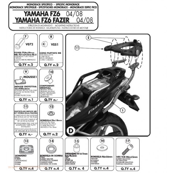 Kappa Topcase-gestell Für Yamaha Fz6 / Fzs 600 Fazer (04-06), Fz6 S2 / Fz6 600 Fazer S2 (07-11) (ohne Kennzeichenhalterung) - Siehe Zusätzliche Beschreibung