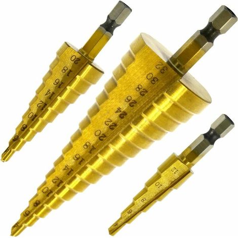 3-teiliges Stufenbohrer-set, Hss-edelstahl, 4 X 12/20/32 Mm, Titan-kegeldreieck, Mit Sechskantschaft, Zum Bohren Und Schrauben In Stahl, Messing, Holz Und Kunststoff