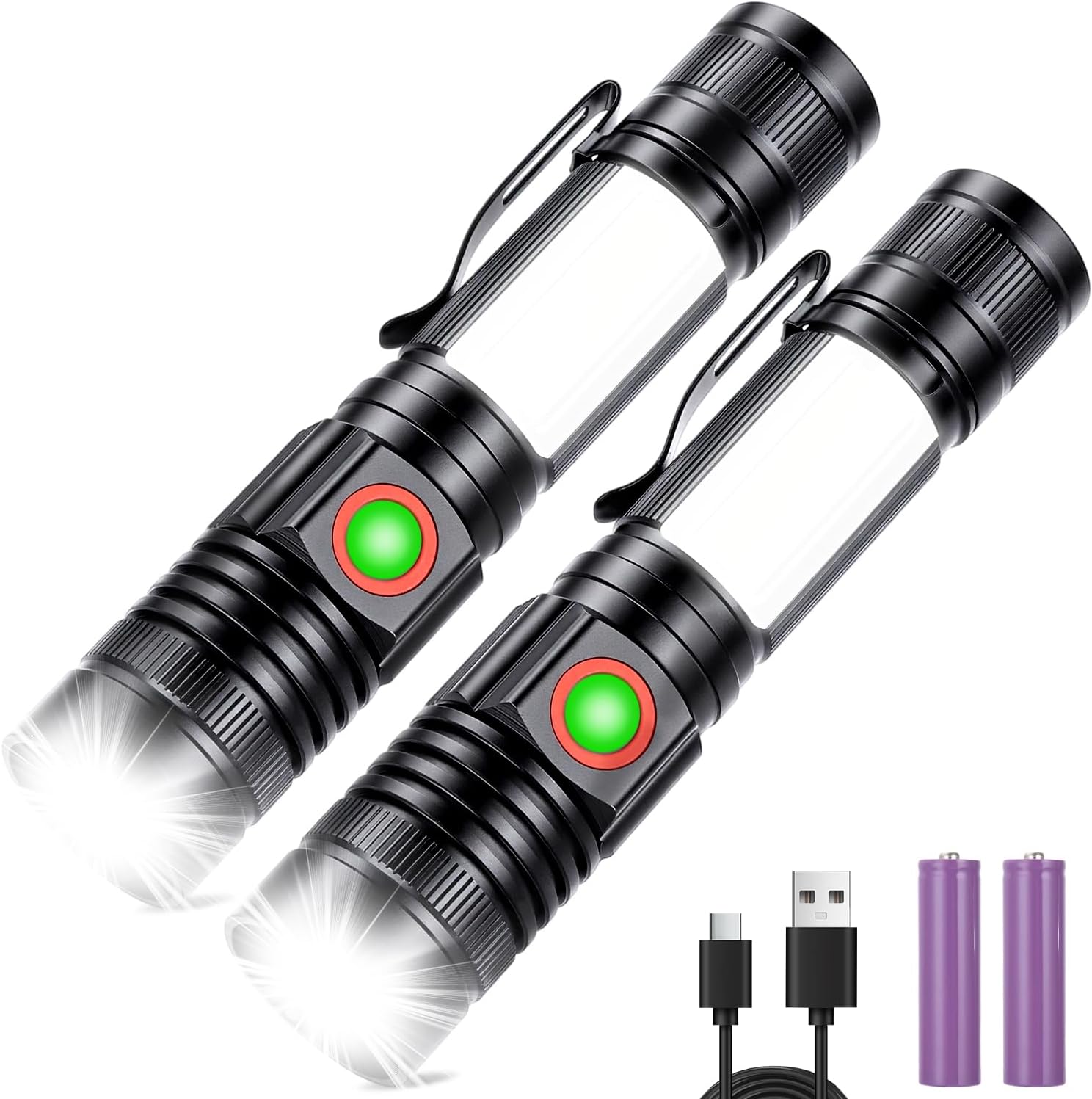 Lot De 2 Lampes Torches Led Rechargeables Avec Fonction Zoom, 2000 Lumens, Extrêmement Lumineuses, Étanches Ip65, 4 Modes D'Éclairage, Magnétiques Et Lampe De Travail Cob Pour Le Camping, La Randonnée
