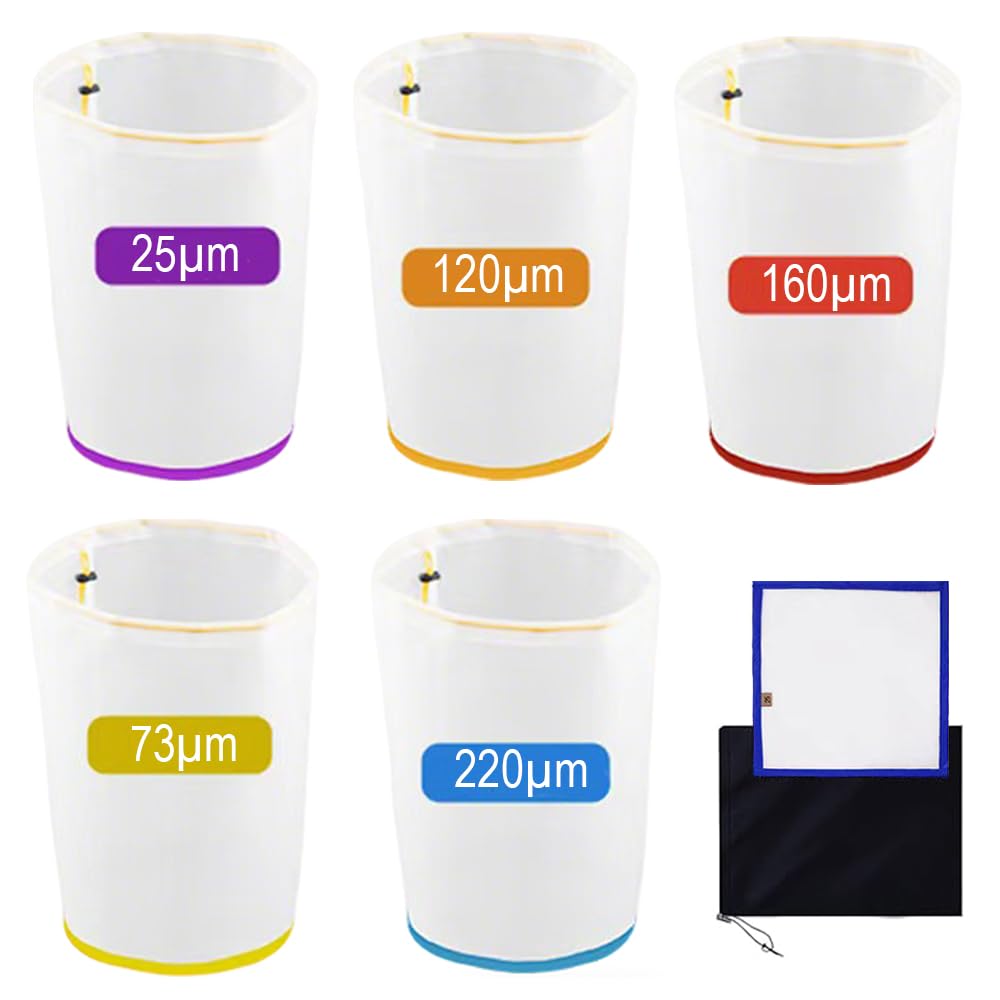 Ensemble De 5 Sacs De Tamisage De 5 Gallons Avec Filtres À Mailles Pour Une Filtration Durable Des Extraits De Plantes, Comprenant Une Presse À Tamis Et Un Ensemble De Sacs De Stockage Pour L'Extracti
