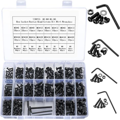 720-teiliges Set Aus Kohlenstoffstahlschrauben, Muttern Und Unterlegscheiben (m3, M4, M5, M6), Schwarz, Für Fahrräder Und Motorräder