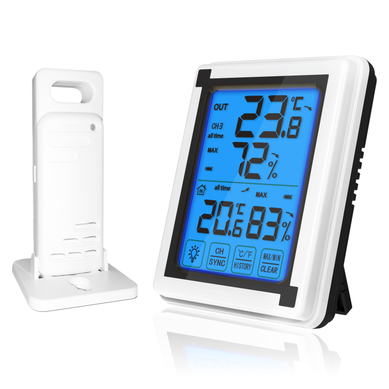 Kabelloses Digitales Thermometer Und Hygrometer Für Den Innen- Und Außenbereich Mit Hintergrundbeleuchtetem Lcd-touchscreen. Feuchtigkeits- Und Temperaturmonitor Für Zuhause, Büro Oder Gewächshaus.