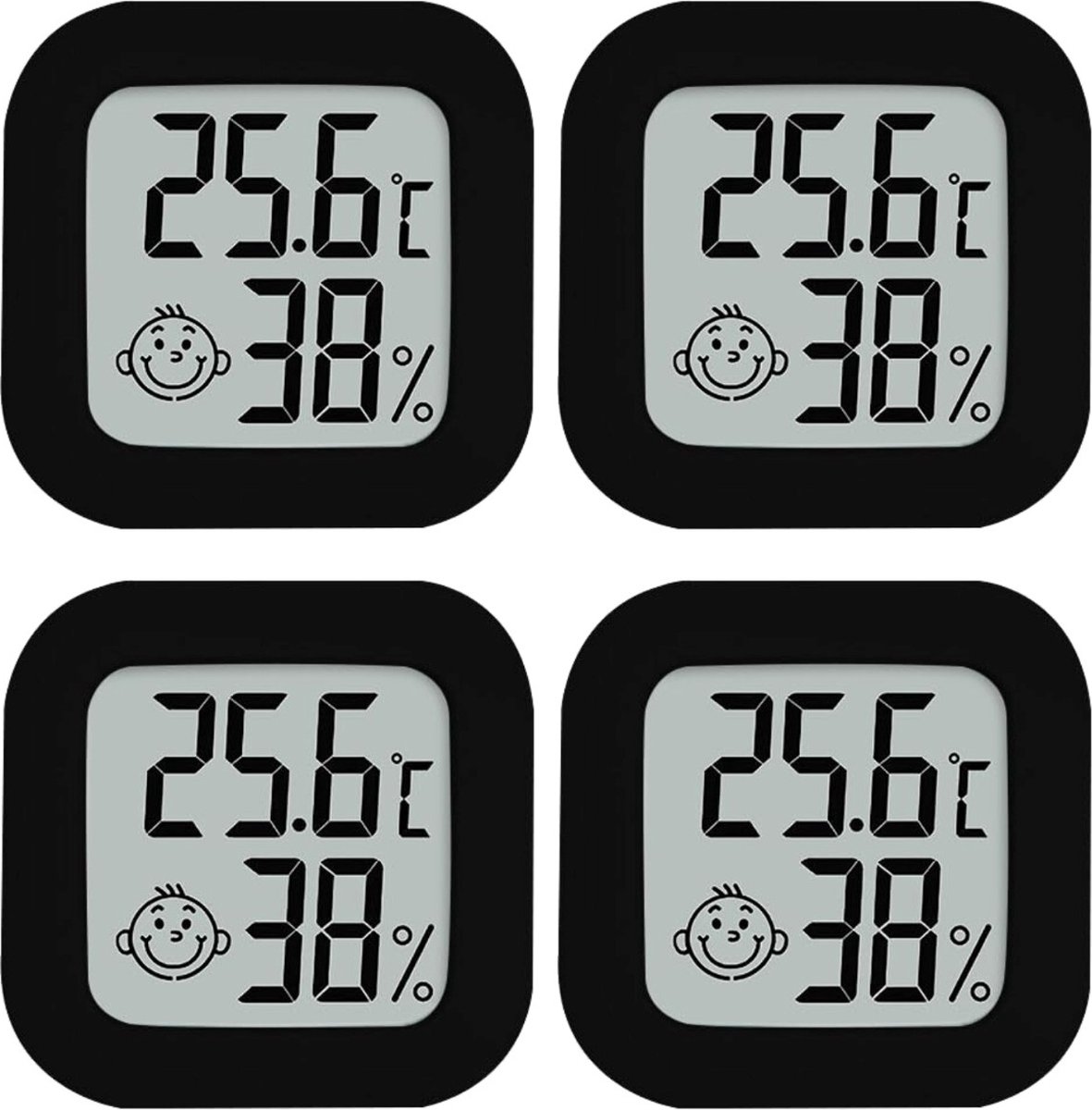 Hygrometer – Wetterstation – Feuchtigkeitsmesser – Innenthermometer – Batterie Und Klebestreifen Inklusive – 4-teiliges Schwarzes Set