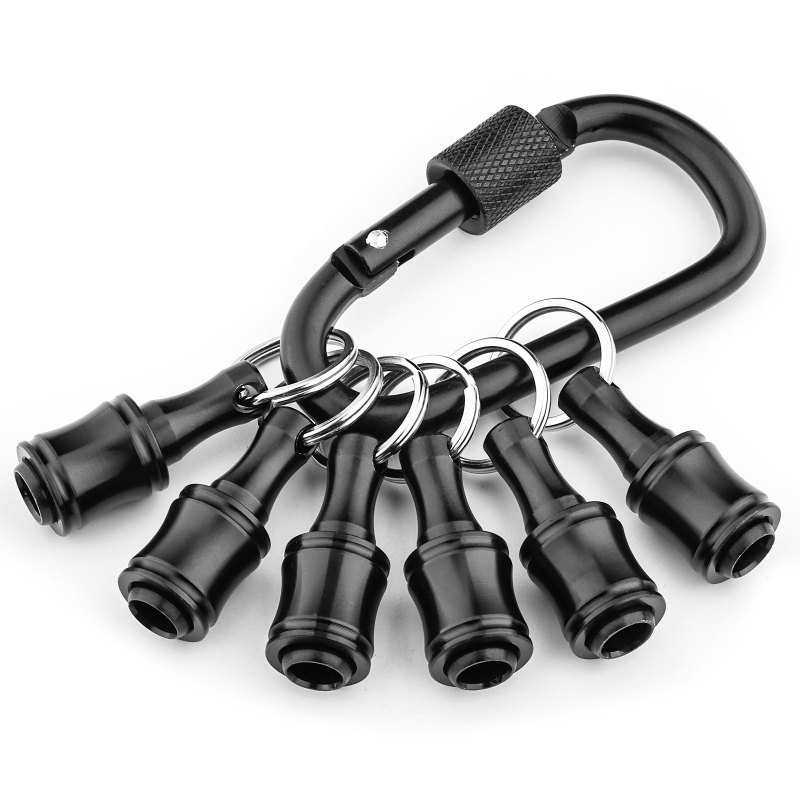 1/4 Zoll Sechskantschaft-schraubendreherbithalter Aus Aluminiumlegierung, Verlängerung, Schraubenadapter, Tragbarer Schlüsselanhänger (6-teilig, Schwarz Mit Schwarzem Karabiner)