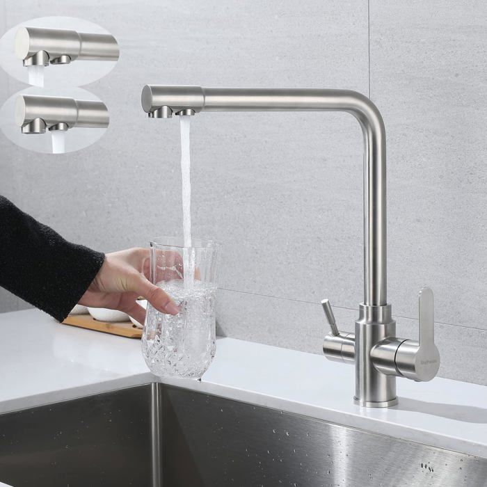Dreiwege-küchenarmatur, Trinkwasserarmatur Mit Doppelgewinde, Dreifach Versenkbare Armatur, 360° Drehbarer Rührarm, Mit Zwei Ausläufen.