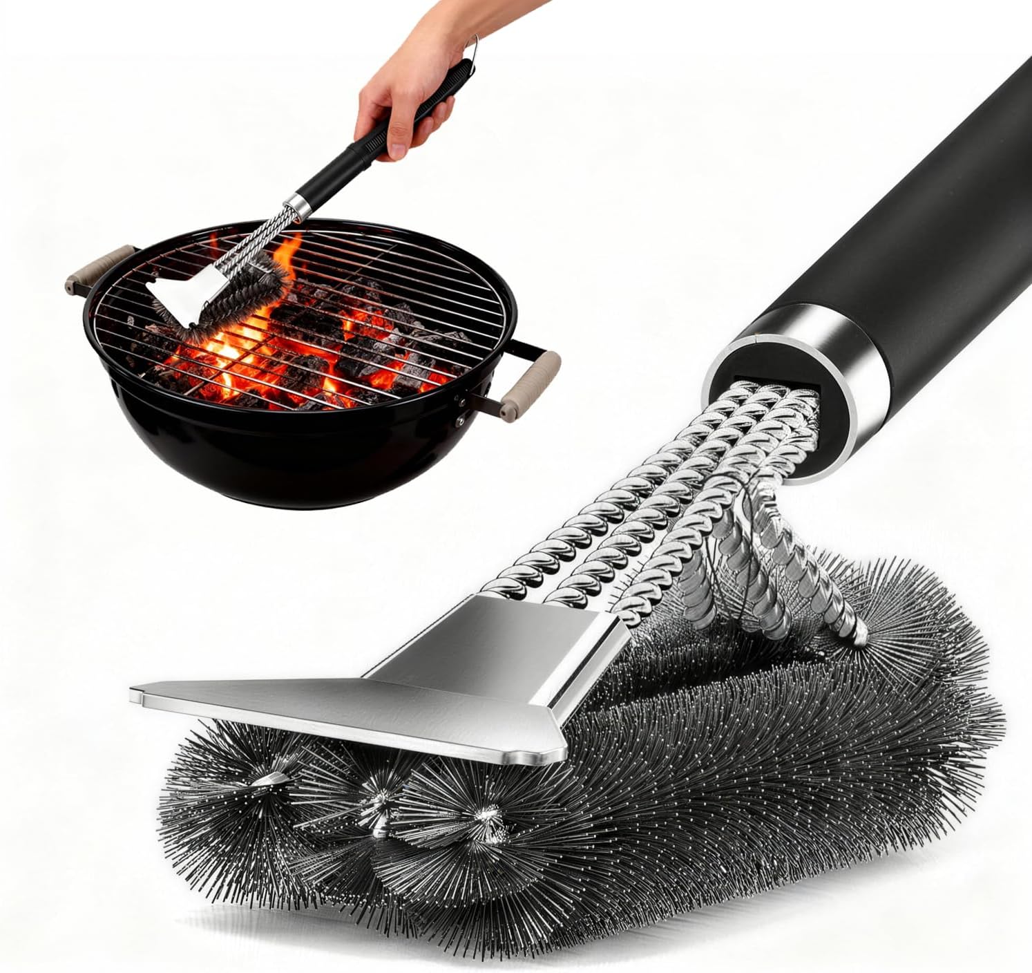 Brosse Pour Gril 3 En 1 – Grattoir Ultra-tranchant En Acier Inoxydable Et Brosse À 360° Pour Un Nettoyage Rapide Et Complet De Tous Les Grils