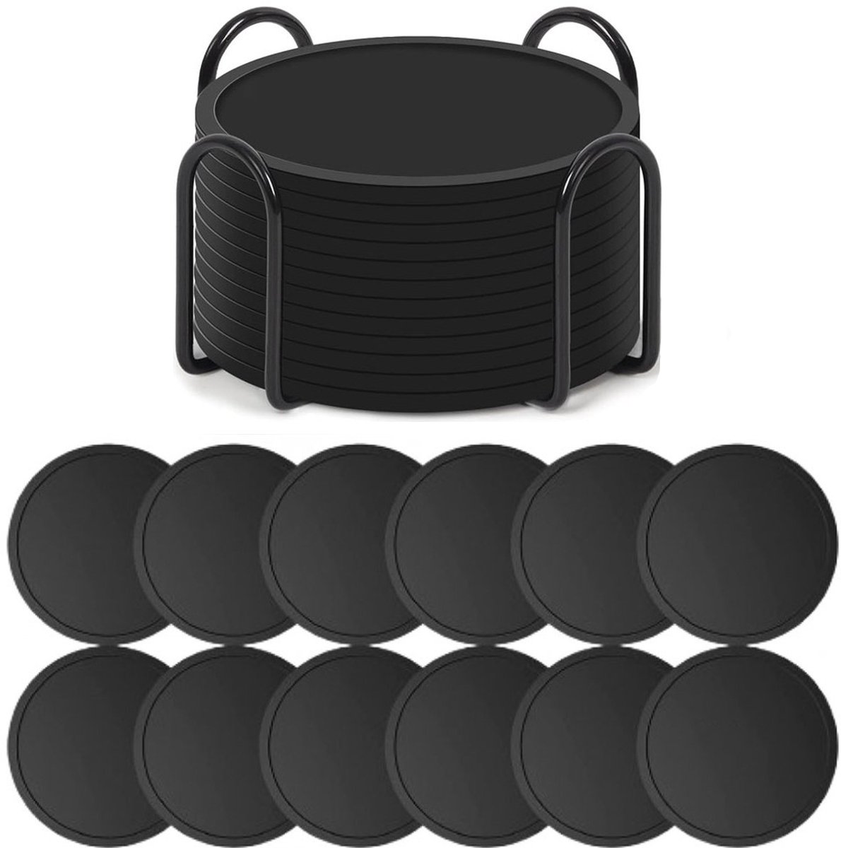 Silikon-untersetzer Mit Halter – 12er-set – Runde Glasuntersetzer – Designer-stil – Hitzebeständig – Schwarz – Geschenkidee