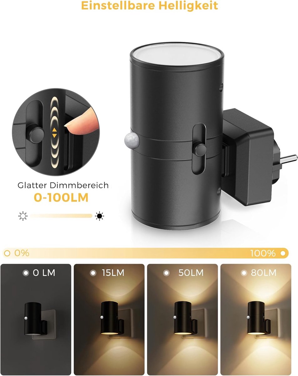 Led-nachtlicht Mit Bewegungsmelder, 1 Stück, Nachtlicht, Steckdose, Warmweiß (3000 K), Helligkeit Einstellbar Ab 0 Lm, Dimmbar, Für Innensteckdose, Für Flur, Schlafzimmer, Treppenhaus