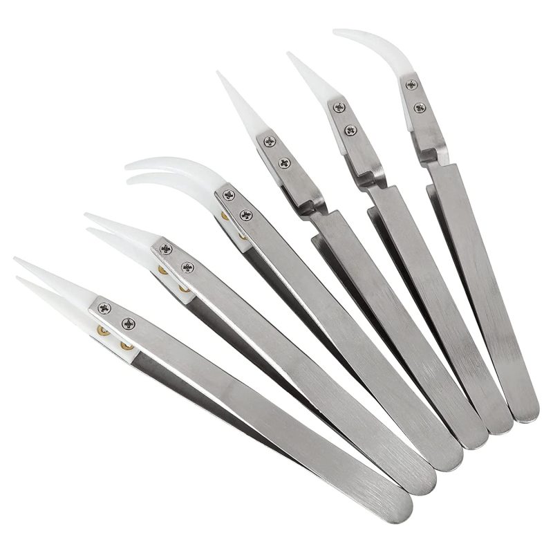 Set Mit 6 Nichtleitenden Präzisionspinzetten Aus Keramik Mit Spitzen Und Gebogenen Köpfen, Antimagnetische Pinzette