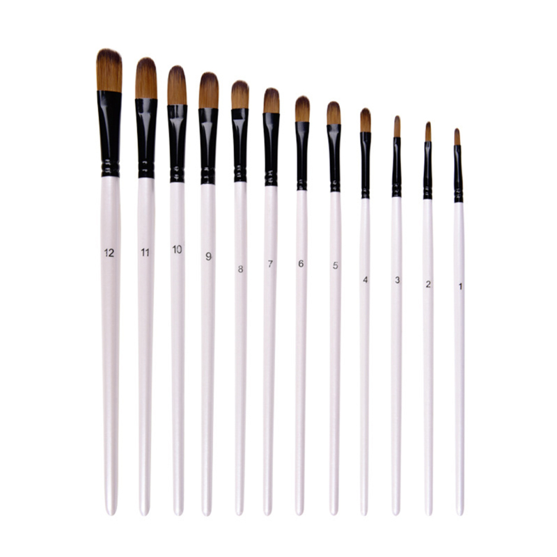 Set Mit 12 Nylonpinseln In Katzenzungenform, Ideal Für Acryl-, Öl- Und Aquarellmalerei. Professionelles Weißes Farbset.