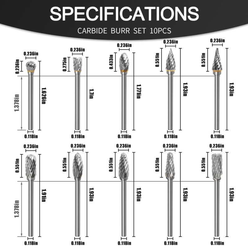 Satz Von 10 Doppelnut-rotationsschleifköpfen 3 × 6 Mm Aus Wolframkarbidstahl (zehn 36 Rotationsfeilen)