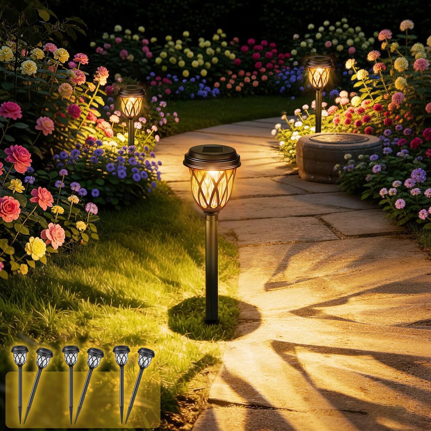 Lampes Solaires De Jardin Pour Usage Extérieur, Ensemble De 6 Bornes Solaires Étanches, Éclairage Extérieur Blanc Chaud Avec Piquet De Terre, Décoration Pour Allées De Jardin, Pelouses, Entrées De Gar