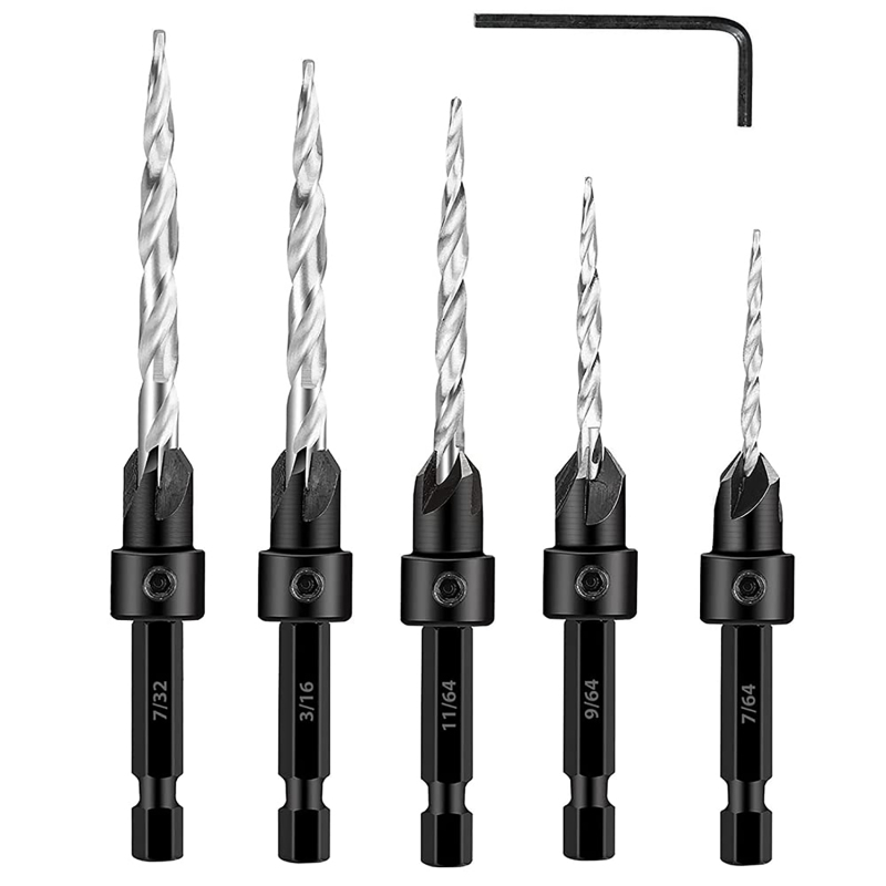 Set Mit 5 Holzsenkbohrern, 4, 6, 8, 10 Und 12 Zoll Hss-kegelbohrern Mit 6,35 Mm (1/4") Sechskantschaft, Inklusive Sechskantschlüssel