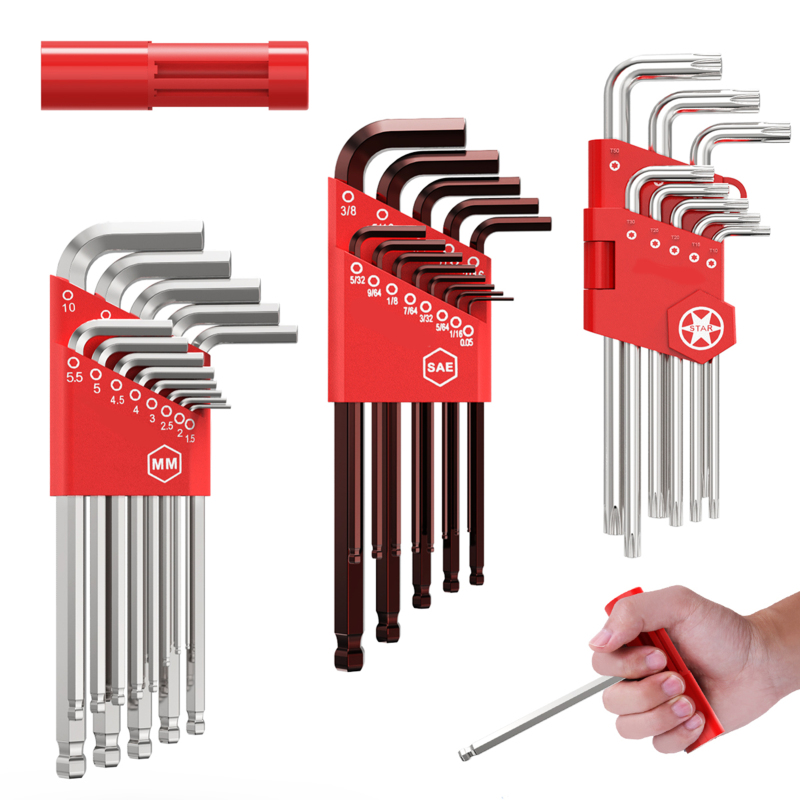 Satz Von 35 Metrischen Sechskant-inbusschlüsseln Aus S2- Und Crv-stahl, Größen Sae 3/64-3/8 Zoll / Mm 1,5-10 Mm / Torx T10-t50, Mit Langem T-griff Und Kugelkopf.