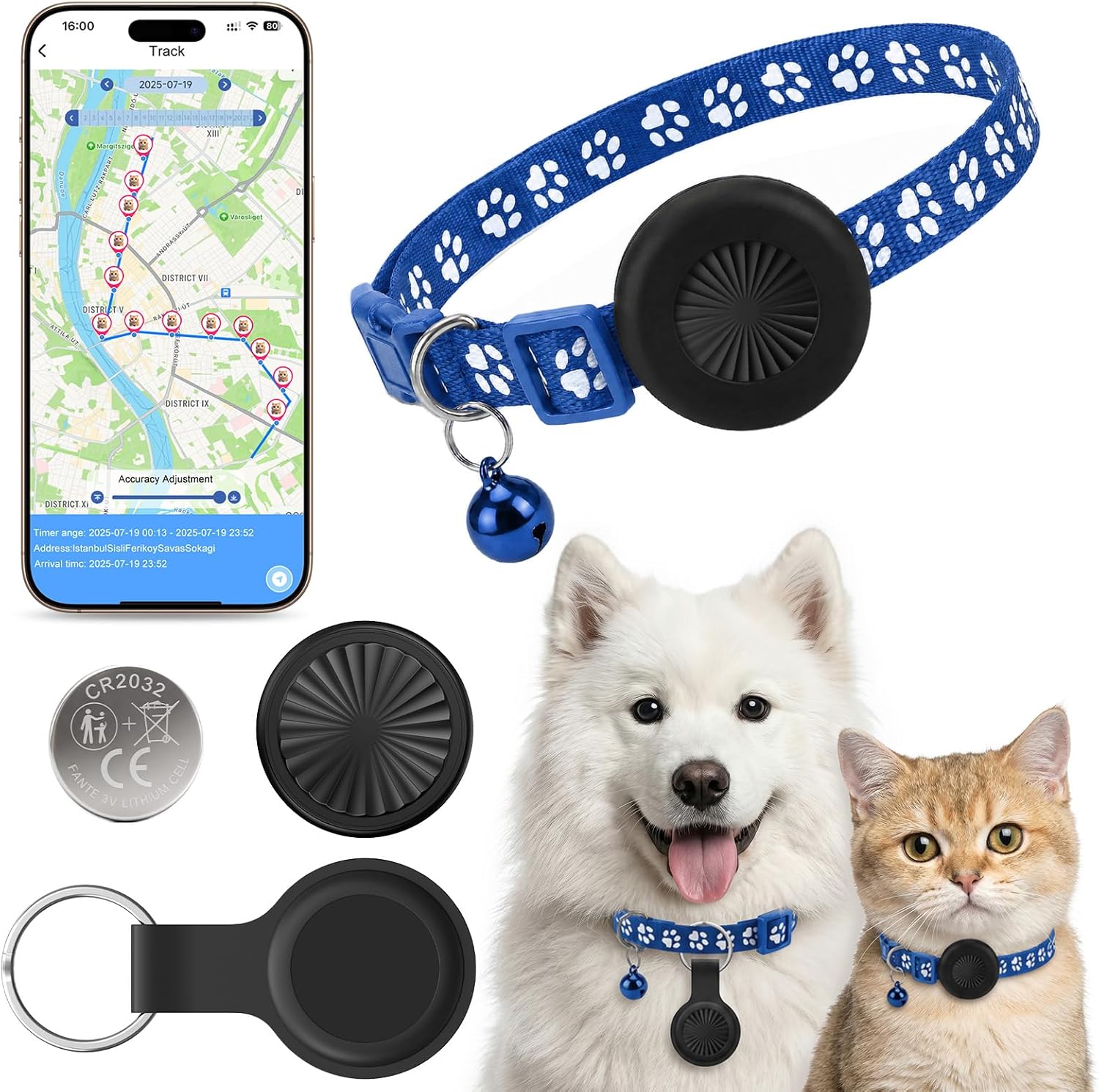 Collier Gps Pour Chat, Traceur Gps Pour Chat, Traceur Gps Pour Chien, Compatible Avec Ios Et Android, Positionnement En Temps Réel, Sans Abonnement, Enregistrement Des Déplacements Sur 7 Jours, Étanch
