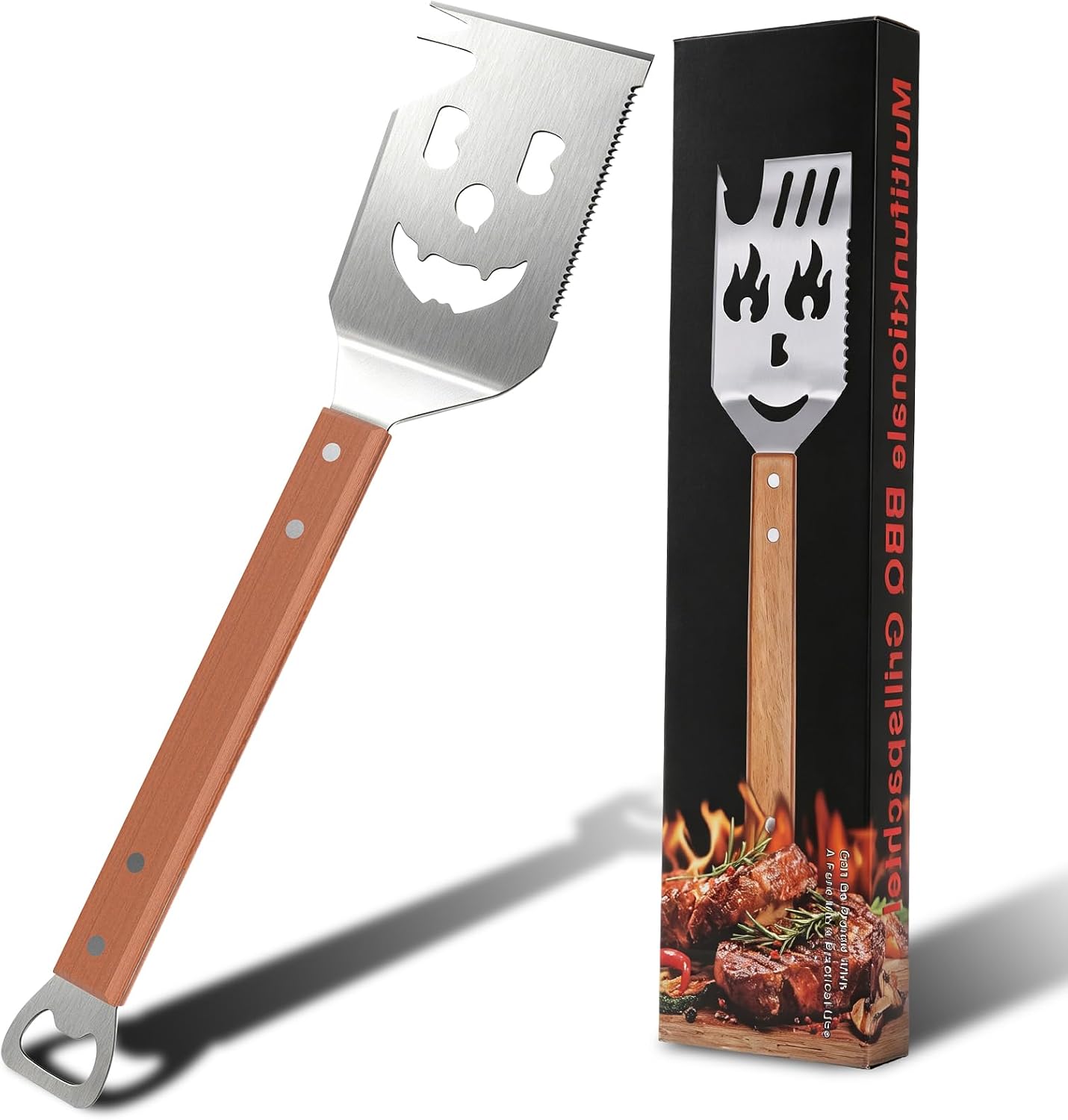 Spatule À Barbecue 7 En 1, Spatule Unique En Acier Inoxydable Avec Manche En Bois Et Décapsuleur, 42,5 X 9,5 Cm, Ustensile De Barbecue Pour La Cuisine, Le Camping Et Les Pique-niques, Idée Cadeau