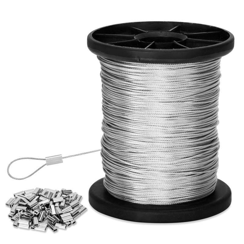 61 M (200 Ft) Edelstahlseil, 0,8 Mm (1/32 In) Durchmesser, Mit 50 Aluminiumhülsen Zum Aufhängen Von Lichterketten, Wäscheleinen Und Zaunschlingen.