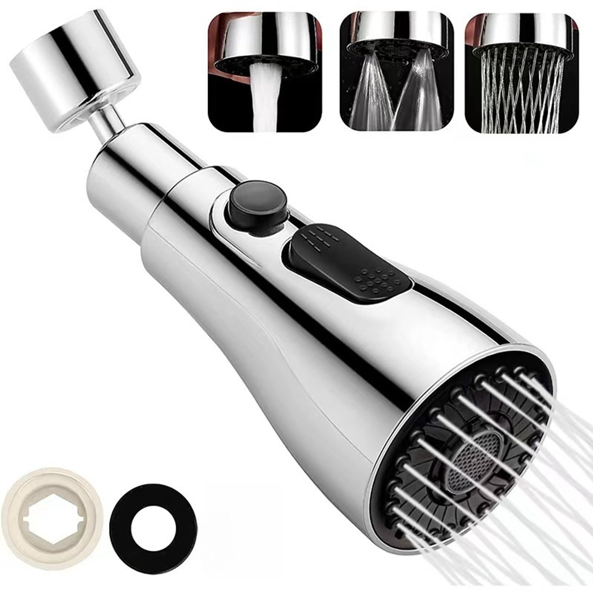 360° Drehbarer Küchenarmaturkopf – 3 Positionen – Wassersparend – Flexible Verlängerung – Silber