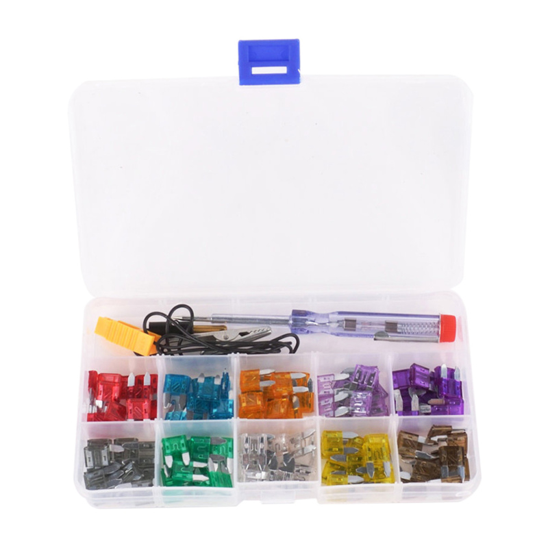 Set Mit 100 Farbcodierten Kfz-minisicherungen Für 10-ampere-sicherungen, Inklusive Krokodilklemme, Elektrischem Prüfgerät Und Sicherungsauszieher.