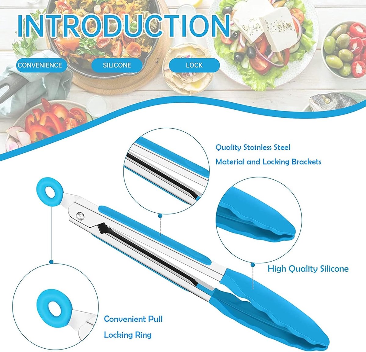 Set Mit 5 Silikon-küchenzangen, 18 Cm Lang, Mit Edelstahlgriffen Und Nylonspitzen. Antihaftbeschichtet Und Hitzebeständig. Ideal Zum Zubereiten Von Salaten, Grillen, Braten Und Backen.
