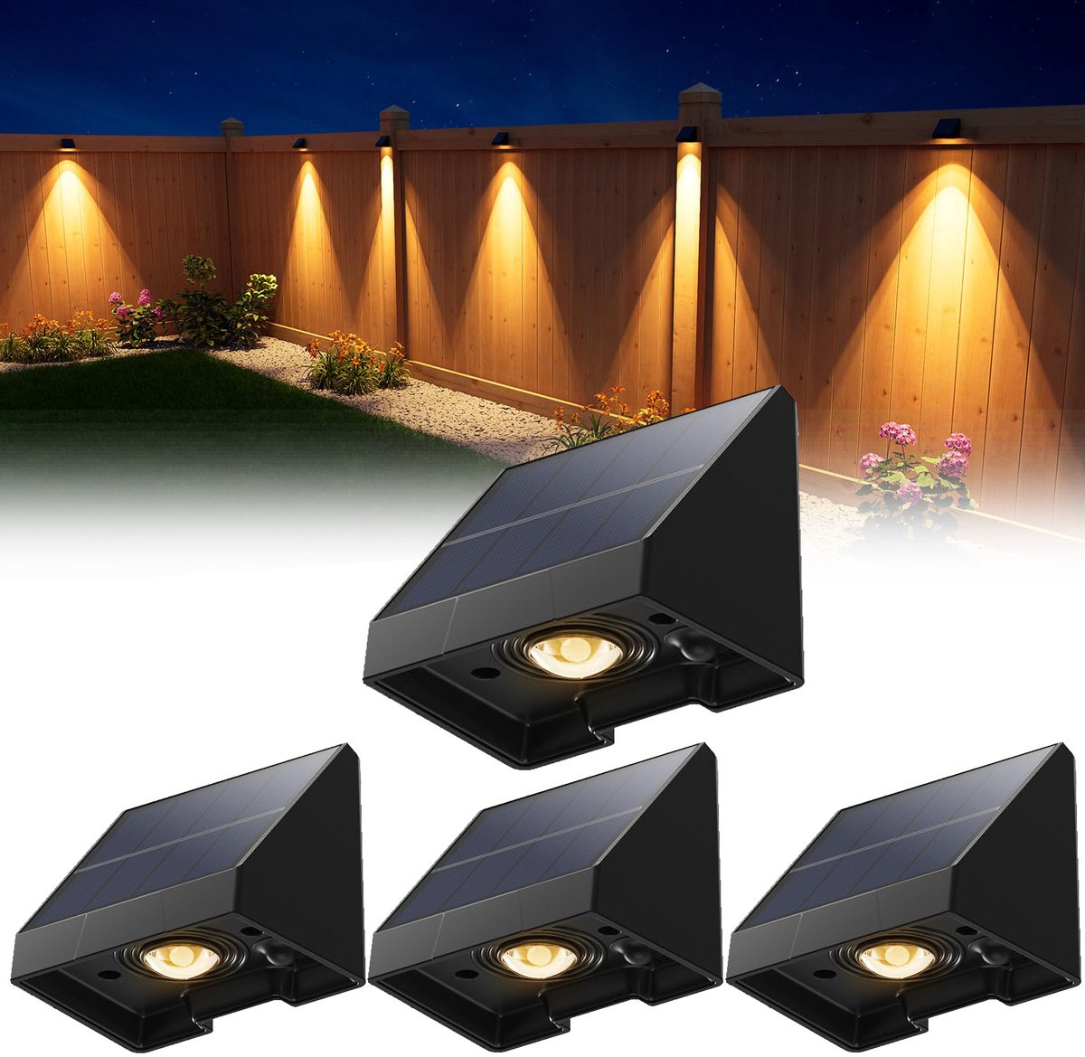 Set Mit 4 Dekorativen Solar-zaunleuchten – Wasserdichte Solar-led-außenbeleuchtung Mit Warmweißem Licht – Für Wände, Terrassen, Gärten, Zäune, Garagen Und Pools – Einfache Installation – 6,6 X 5,8 X 5