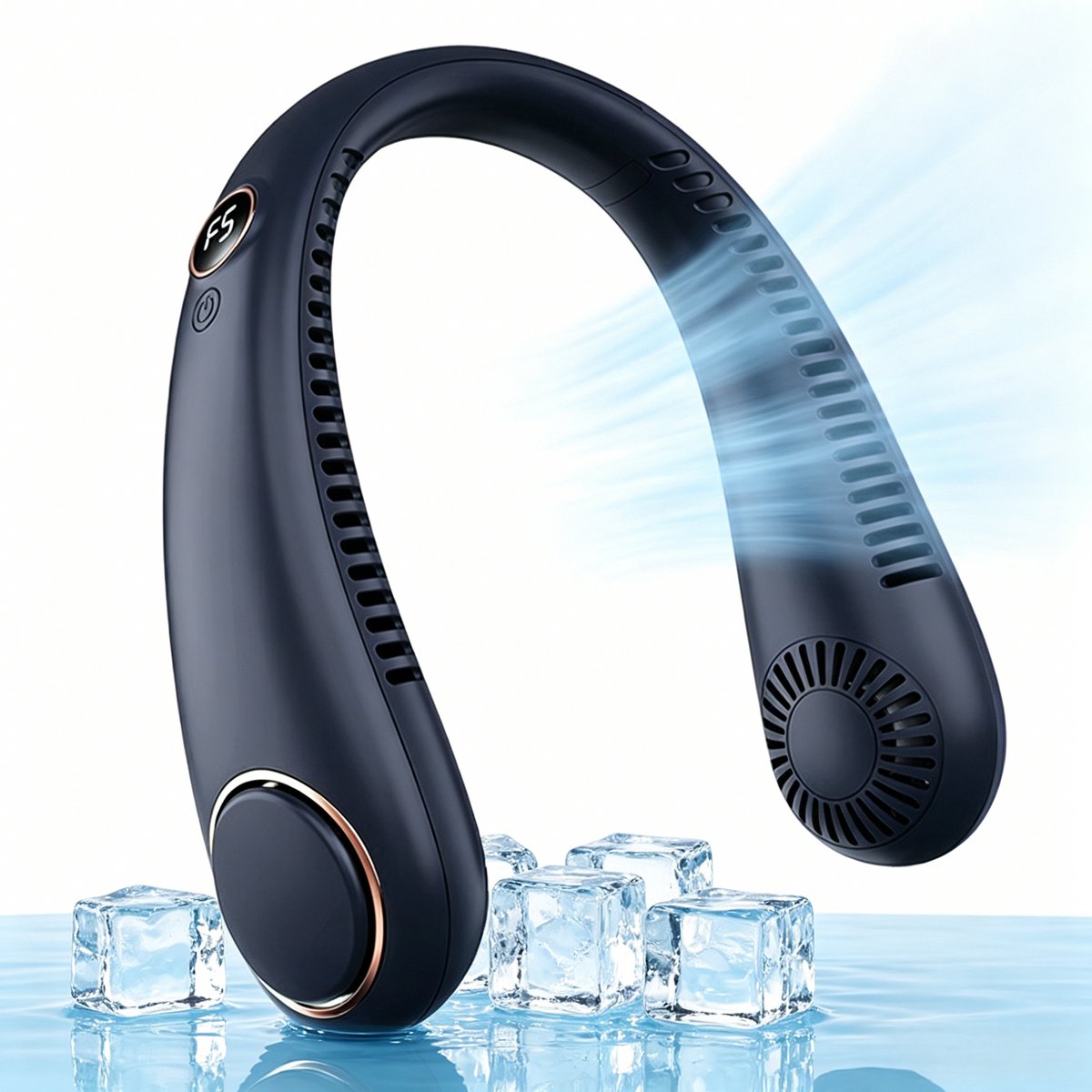 Wiederaufladbarer, Blattloser Nackenventilator – 5 Geschwindigkeitsstufen – Mit Display – Leiser Ventilator – Ideal Als Geschenk – Für Spaziergänge, Reisen, Homeoffice Und Sport – Dunkelblau