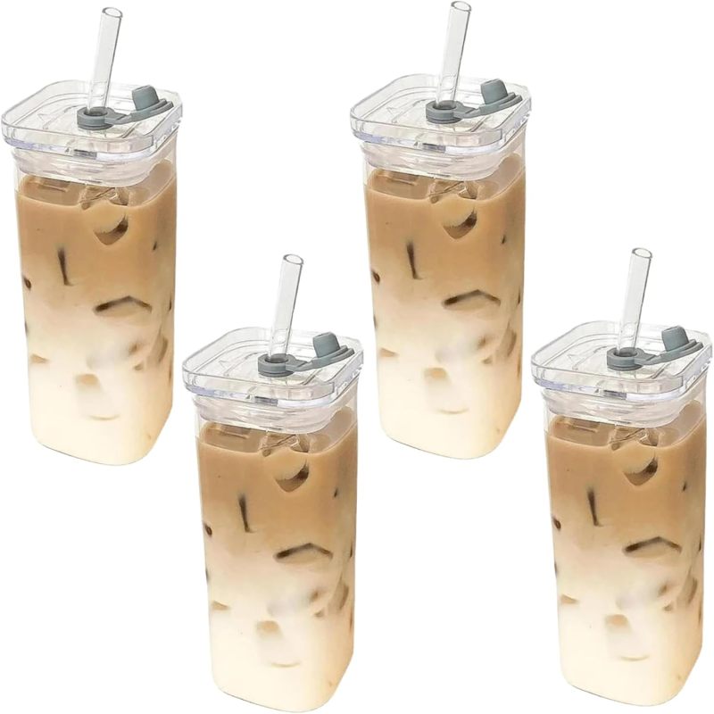 4 Quadratische Gläser Mit Deckel Und Strohhalm, 400 Ml Temperaturbeständige Becher