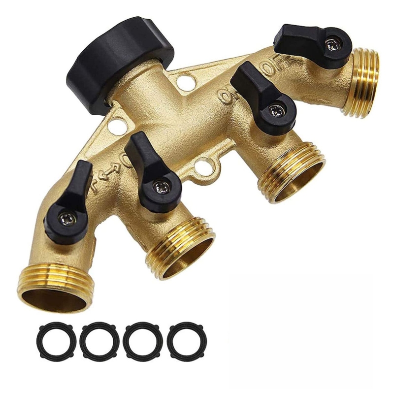 Robuster 4-wege-gartenschlauchverteiler Aus Messing, 3/4"-schlauchhahnadapter Mit 4 Ventilen