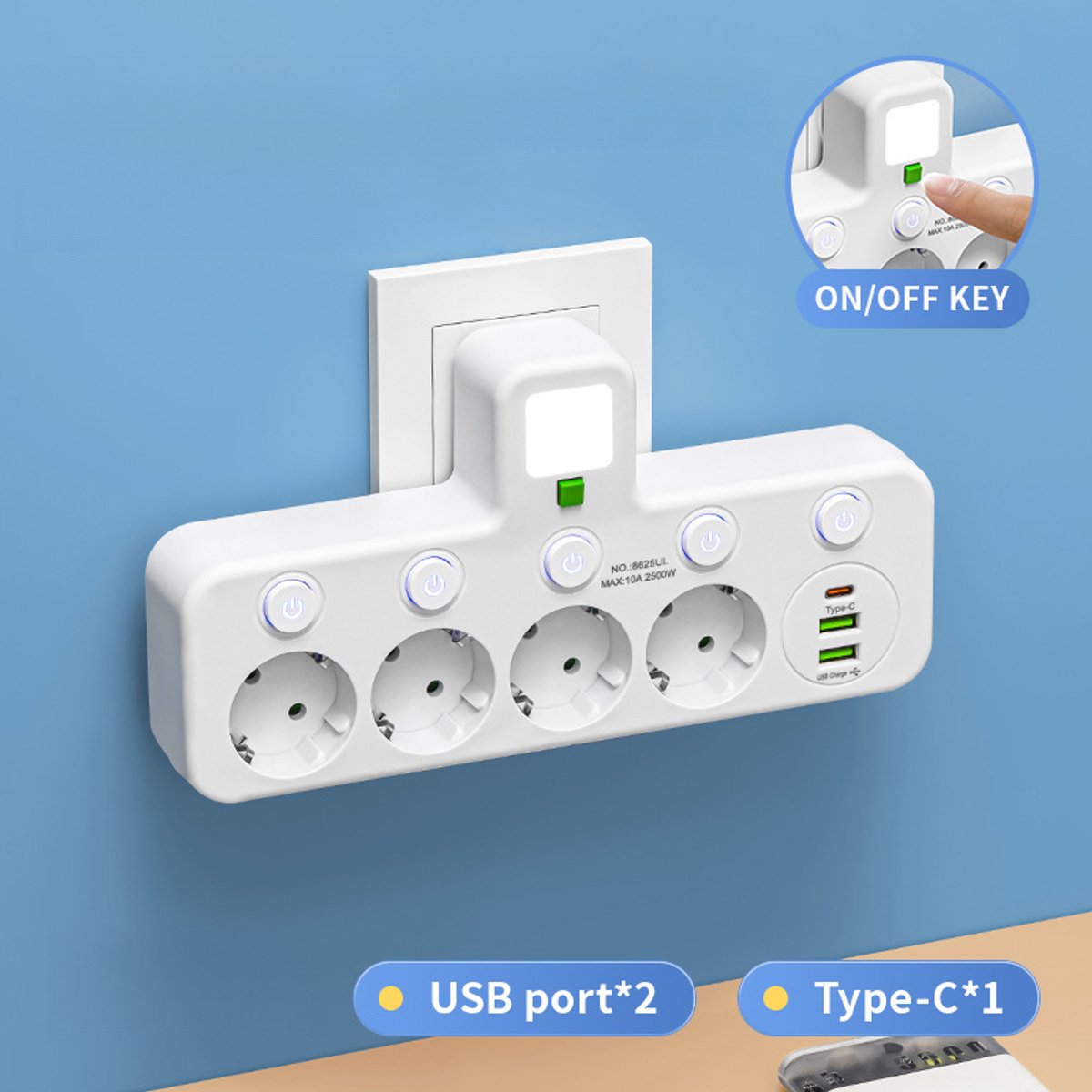 Eins Zu Vielen, Mit Schalter, Usb-anschluss, Mit Intelligenter Usb-steckdosenleiste, Steckdosenleiste, Verlängerungskabel, Typ-c-ladeanschluss, Mit Nachtlicht, Weiße Ausführung 3