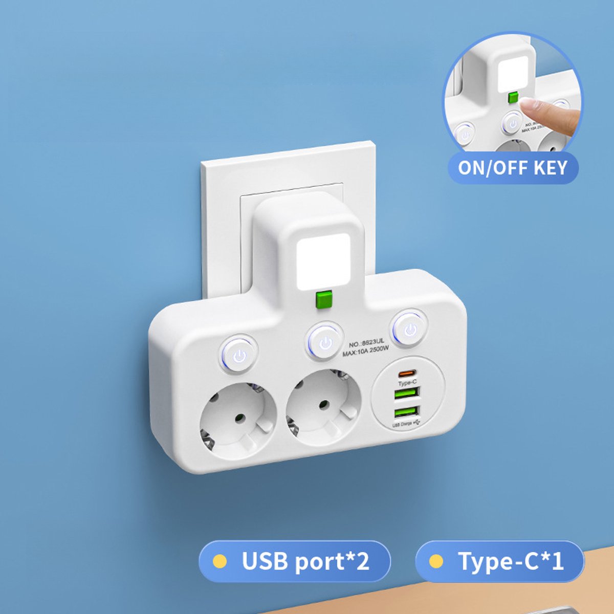 Eins Zu Vielen, Mit Schalter, Usb-anschluss, Mit Intelligentem Usb-anschluss, Stecker, Verlängerungskabel, Typ-c-ladeanschluss, Mit Nachtlicht, Weiße Ausführung 1