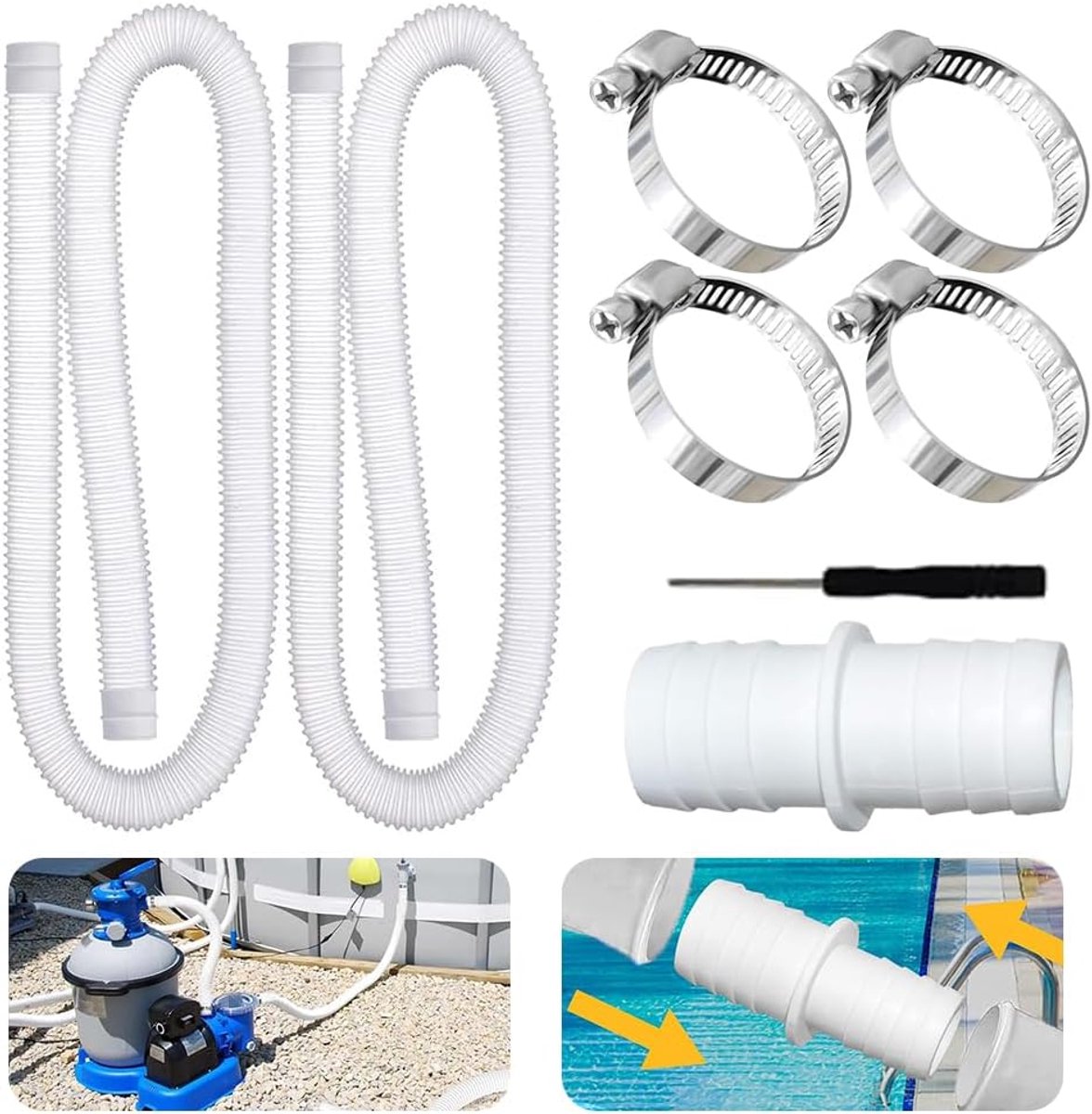 32-mm-poolschlauch-set – 2 X 1,5 M Universal-pumpen-/filterschläuche – 4 Klemmen + Anschlüsse – Kompatibel Mit Intex/bestway – Uv-beständig – Weiß