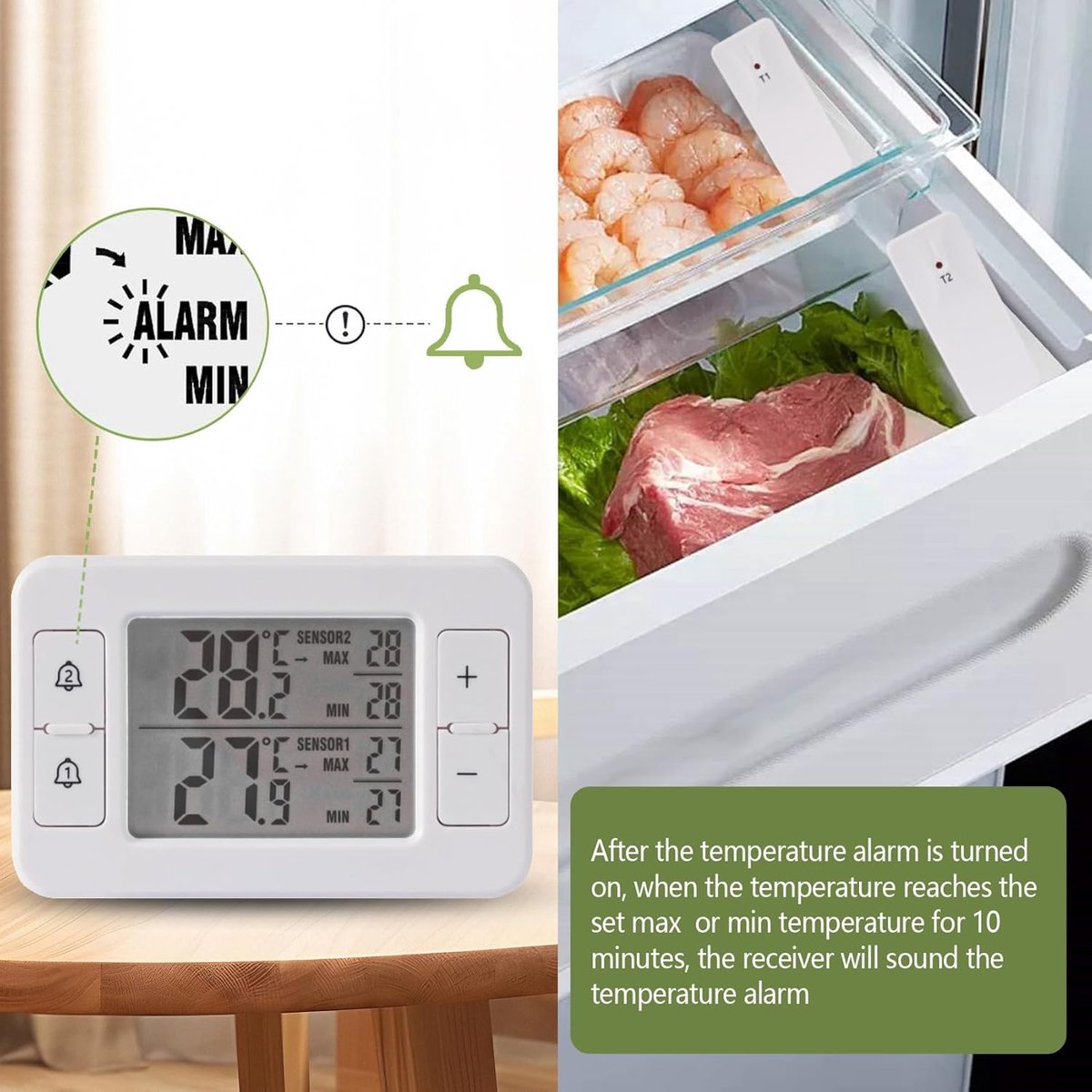 Thermometer – Kabelloses Heimthermometer – Digitales Thermometer Mit 2 Sensoren – Lcd-display – Min./max.-speicher – Akustischer Alarm – Für Zuhause Und Gastronomie – Weiß