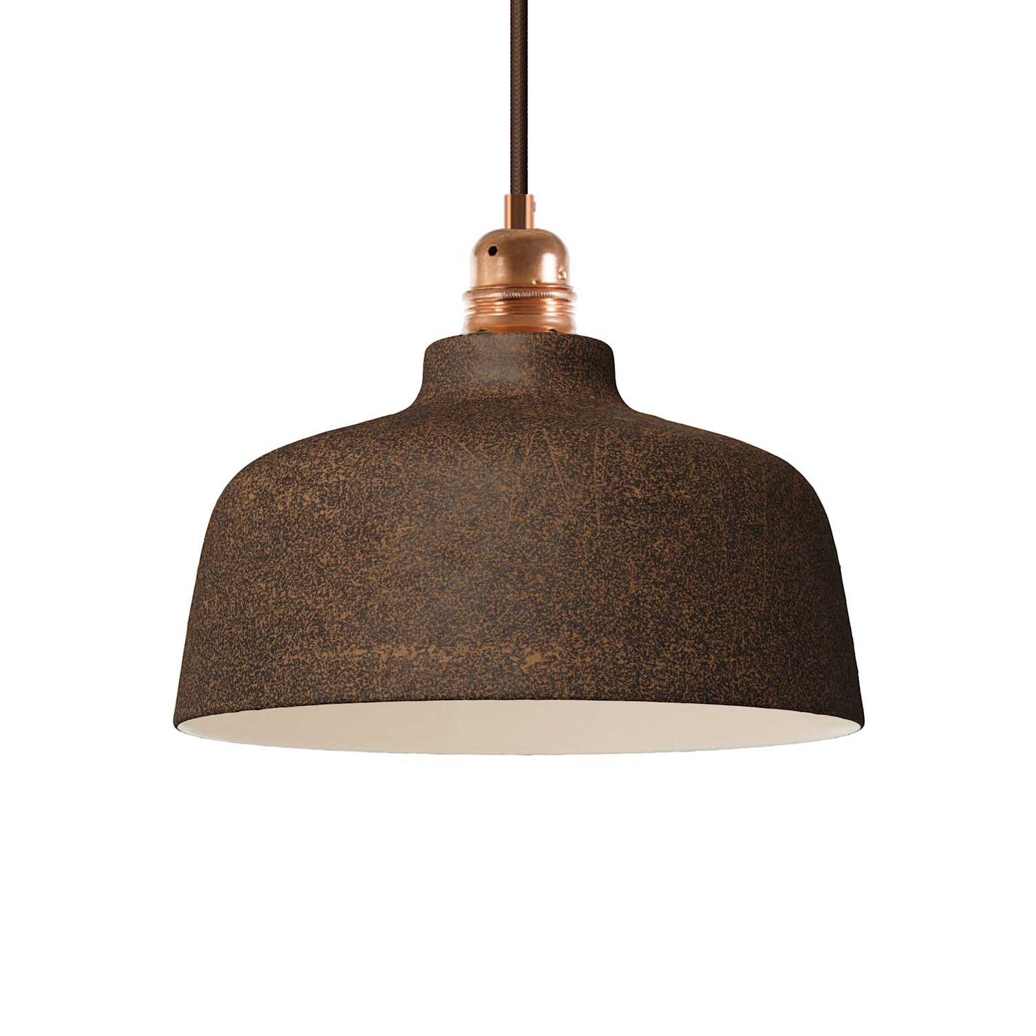 Pendelleuchte Inklusive Textilkabel, Tassenförmigem Lampenschirm Aus Keramik Und Metall-zubehör - Made In Italy Mit Glühbirne - Corten-effekt - Weiß
