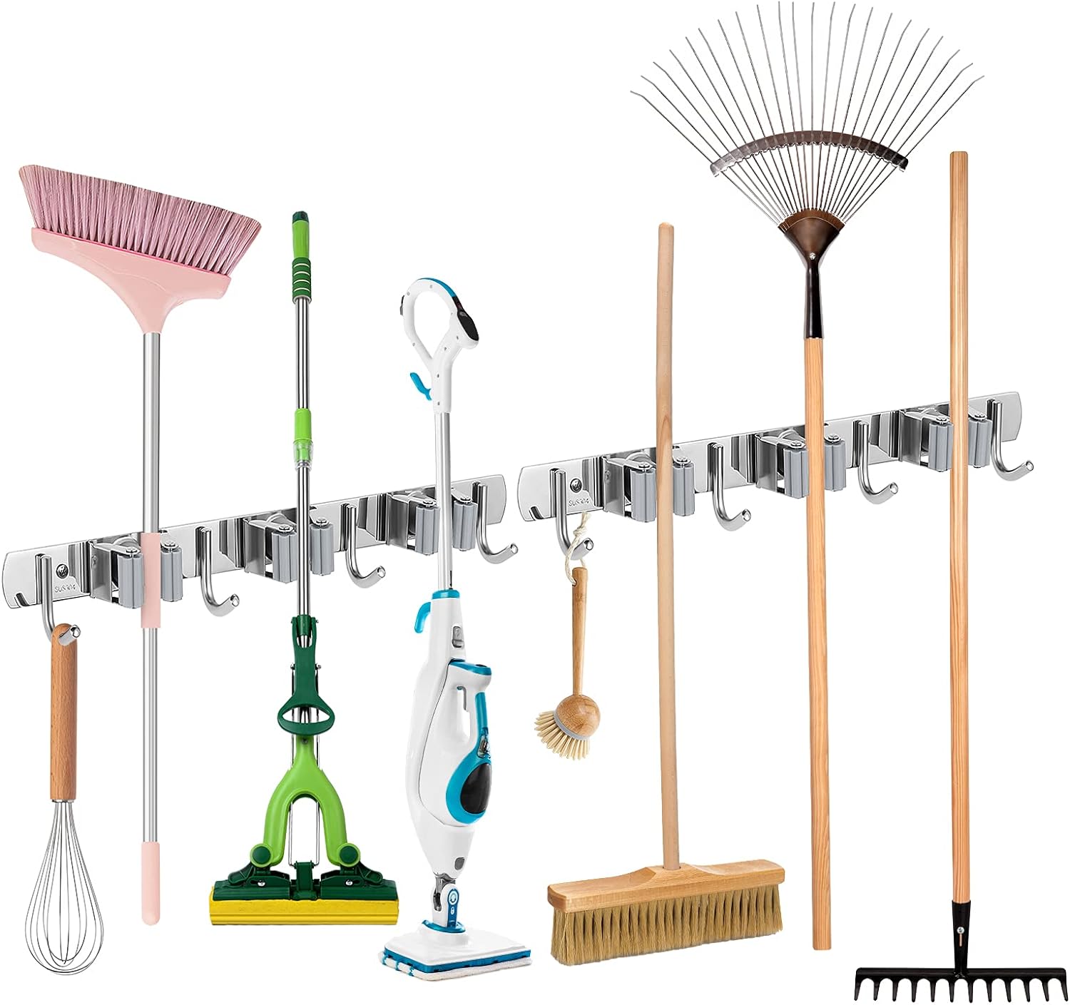 Porte Balais Mural En Acier Inoxydable – 3 Emplacements Et 4 Crochets – Installation Auto-adhésive Ou Par Vis – Pour Cuisine, Garage, Salle De Bain
