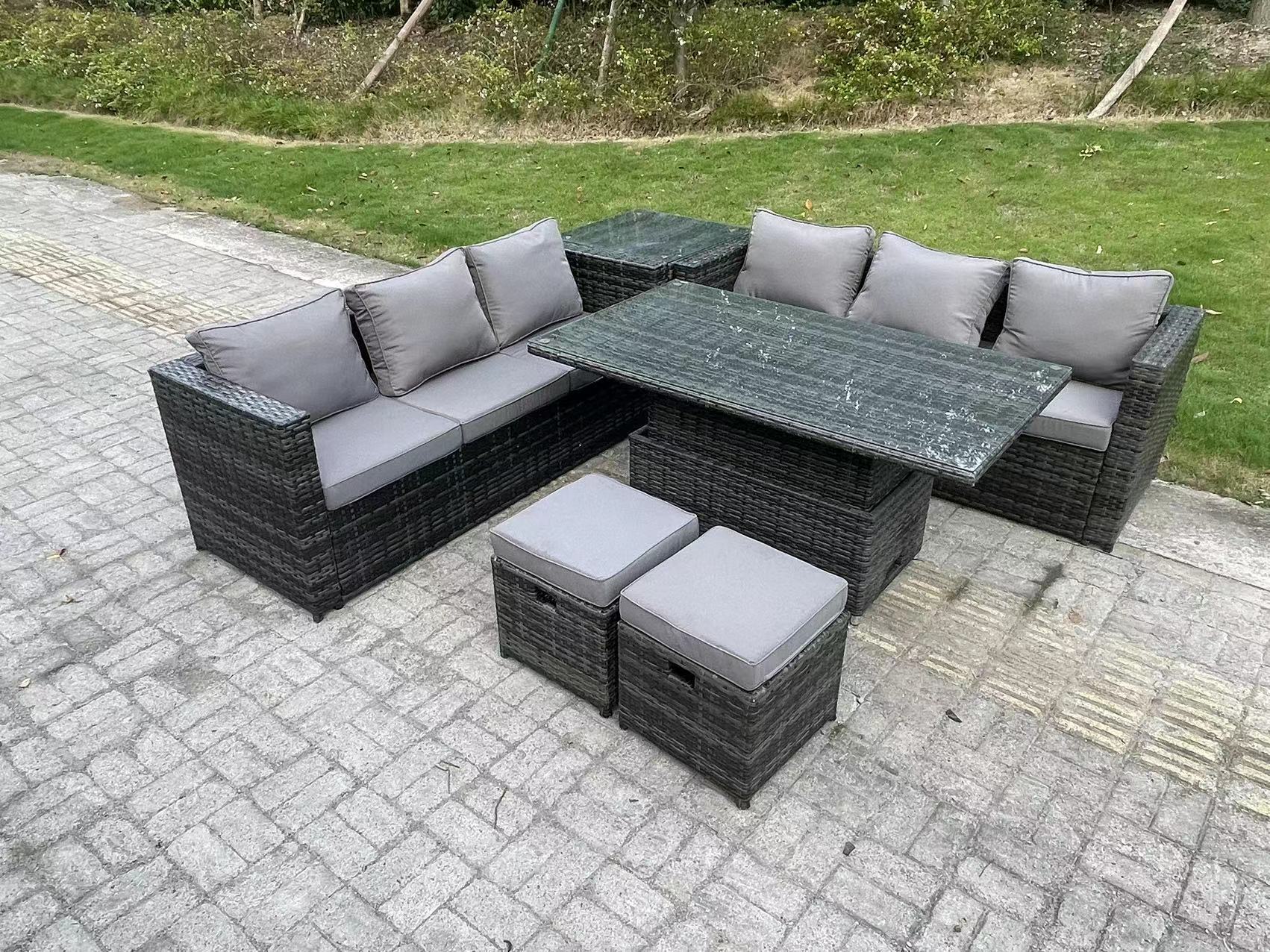 8 Sitzer Outdoor Rattan Sofa Set Lounge Einstellbare Steigende Beistelltische Stühle Fußhocker Dunkelgrau Gemischt - Fimous